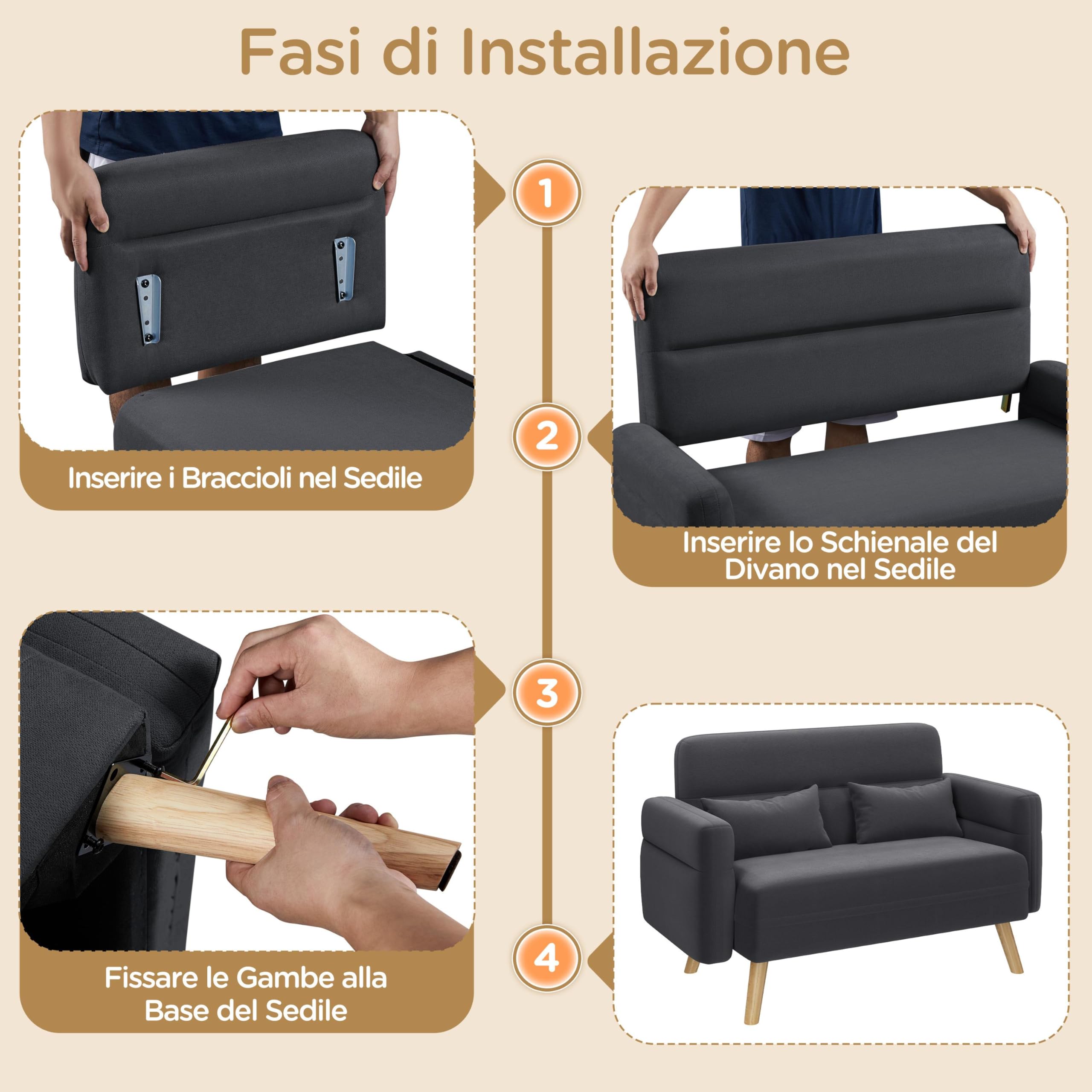 Yaheetech Divano Imbottito a 2 Posti Divanetto in Tessuto con Cuscini Lombari Gambe in Legno Massiccio Divano per Piccoli Spazi Dormitorio Ufficio Camera da Letto Grigio Scuro
