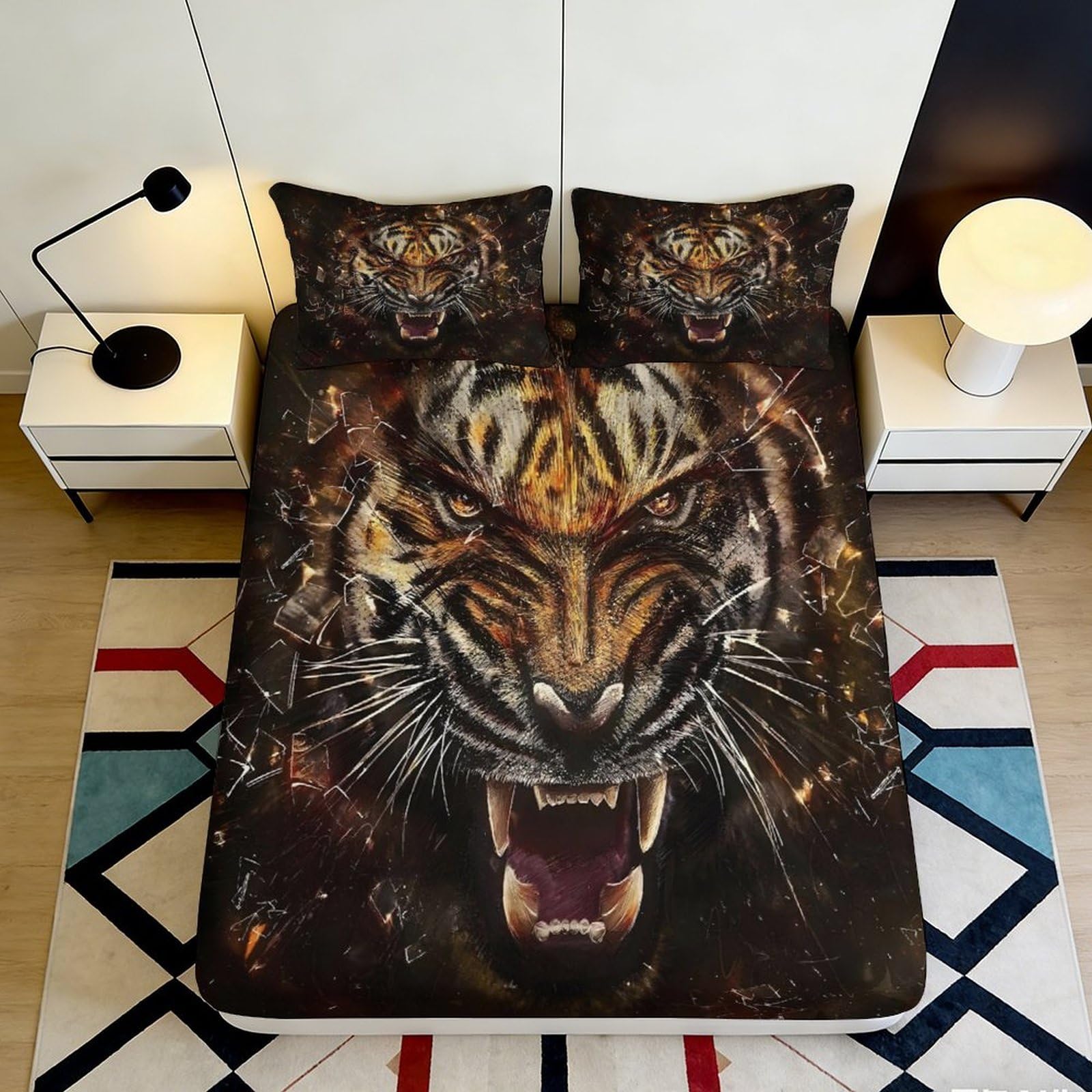 3D Printed Fierce Tiger Fitted Sheet Microfiber Durable Breathable Roaring Tiger Bed Cover for Bedroom Dormitory Mattress Protection Decoration 140x200x25cm