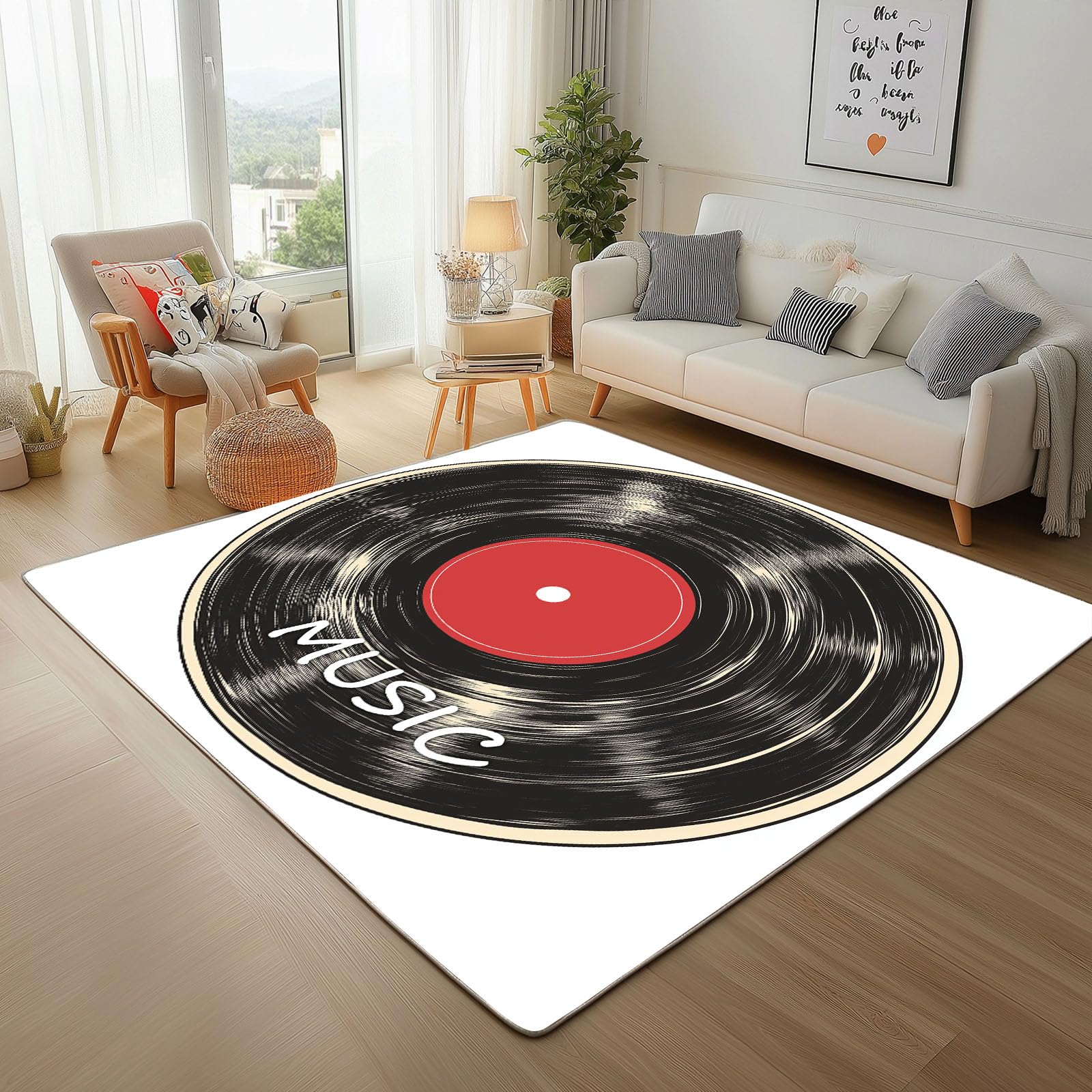 Vinyl Teppich 150 x 210 cm Waschbare Schallplatten Teppiche Flauschig & Rutschfest Kurzflor für Wohnzimmer & Schlafzimmer e Tappeti Schwarz Carpet