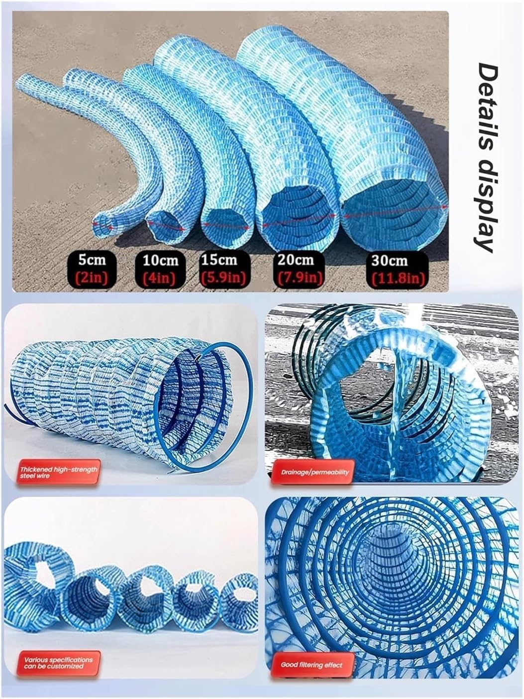 Rury drenażowe z PVC Francuska rura drenażowa, elastyczna rura drenażowa z drutami stalowymi(Long 1600cm(52.5ft))