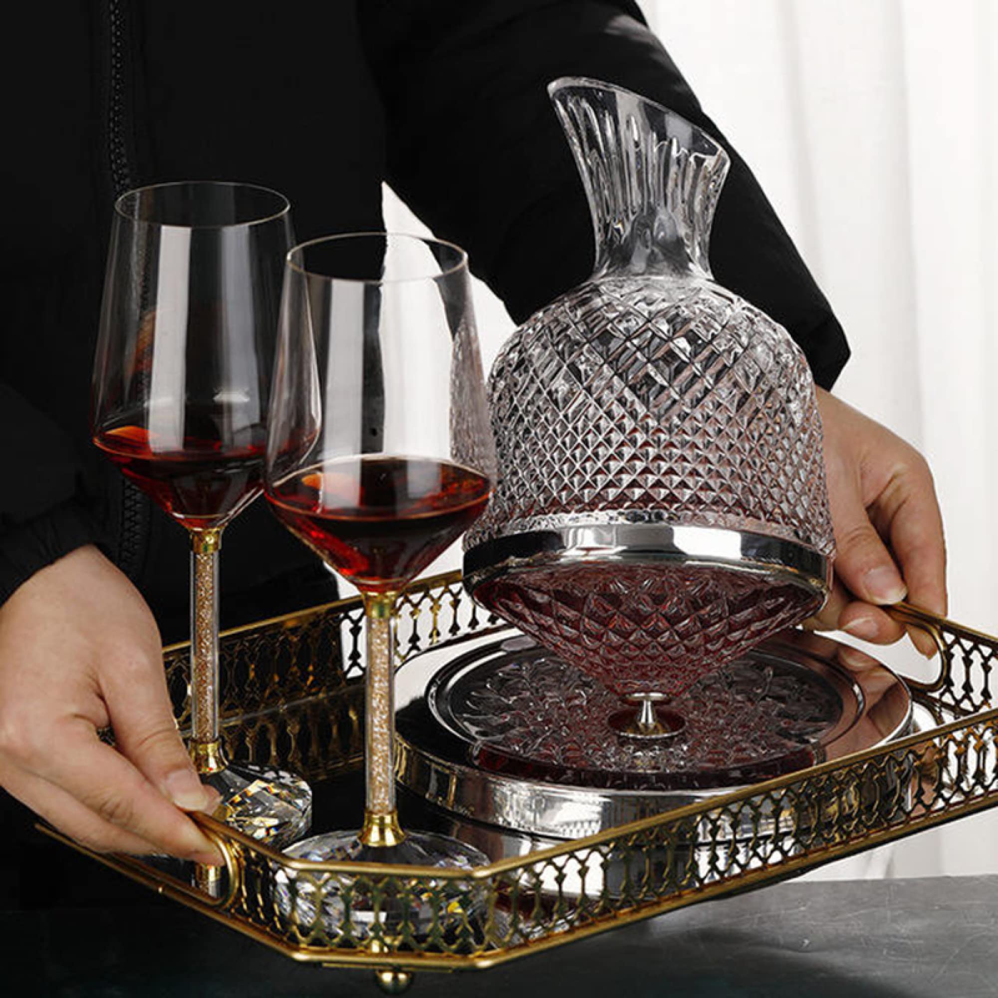 Decantador de vino de cristal con base de acero inoxidable de 1,2 l, para vino tinto y bebidas alcohólicas