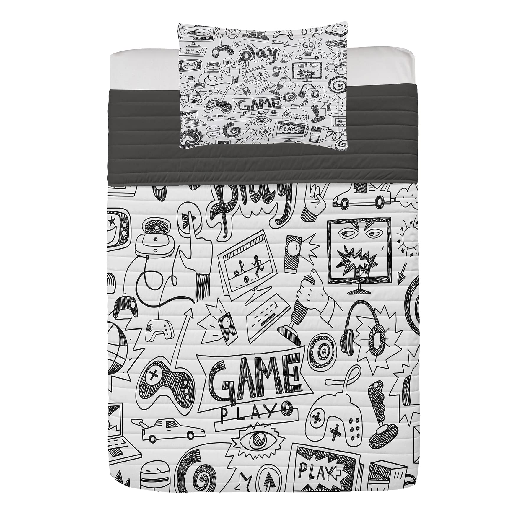 ABAKUHAUS Videojuegos Juego de Colcha de Microfibra, Boceto Estilo de Juego, Juego de Cama Suave con Fundas de Almohada y edredón, 170 cm x 220 cm, Blanco Negro