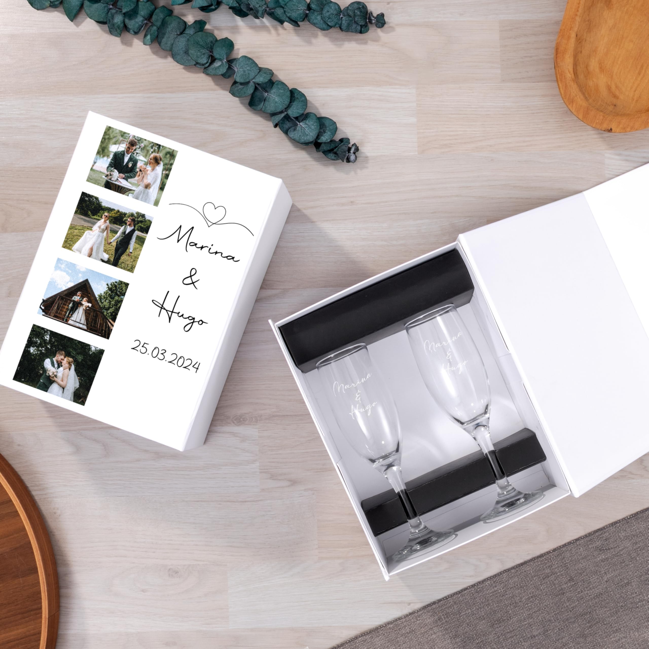 Caja Premium Personalizada con Copas de Cava y Fotos | Regalo Original de Aniversario o Boda | Copas Grabadas con Nombres | Detalle Romántico y Elegante