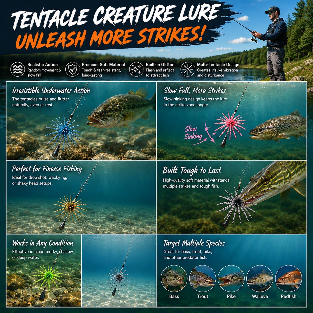 25pcs Sea Urchin Soft Lure,Soft Plastic Baits,Creature Bait for Bass Pike Trout Fishing,Fishing Lures for Drop Shot, Wacky Rig/Neko Rig and Finesse