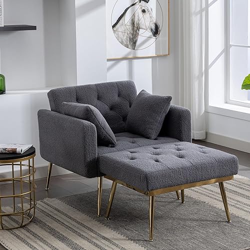 Silla decorativa moderna Sherpa de 36.61 pulgadas de ancho con respaldo ajustable de 3 ángulos + 2 almohadas, sillón reclinable individual y otomano