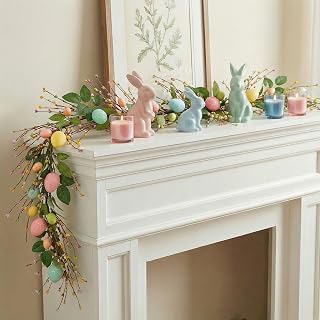 6ft Easter Garland with Colorful Eggs, Wild Flowers & Berry Sprigs