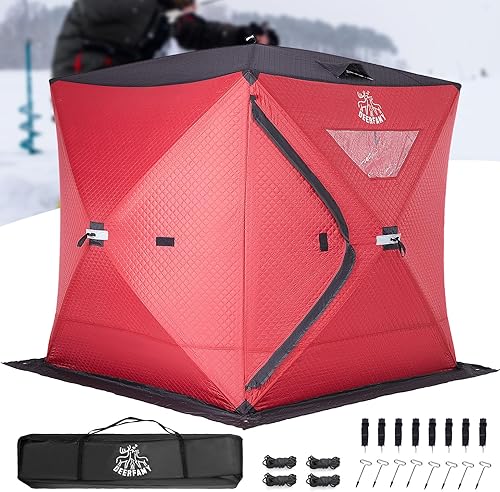 DEERFAMY 3-Layer Ice Fishing Shelter Cotton Filled, 345678 Person Ice Fishing Tent, Pop up Ice Shanty Insulated Tent with Carrying Bag, Ice Anchors,