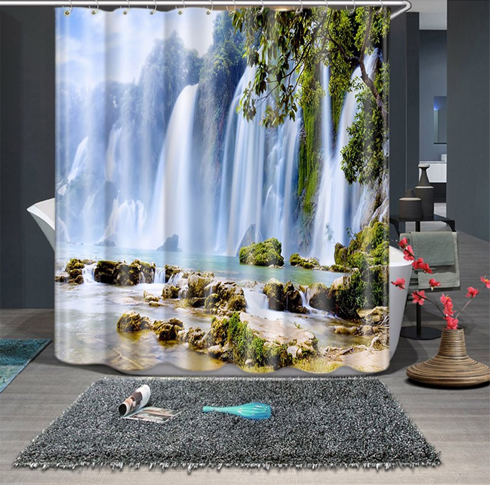 Rideau de douche polyester vert blanc pour baignoire 180x200
