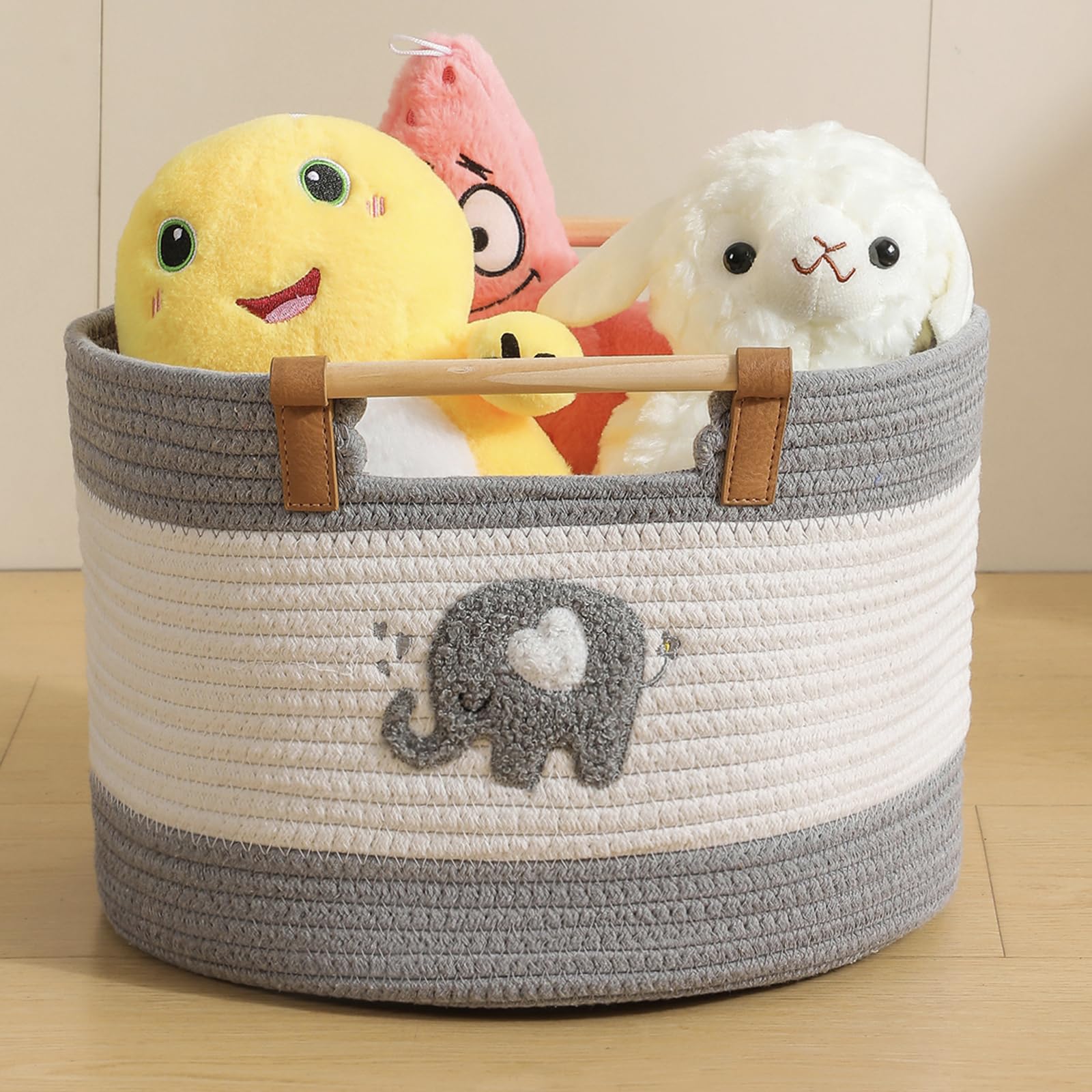 Aufbewahrungskorb aus Baumwollseil, kleiner Elefant, besticktes Muster, Baumwollseil-Körbe zur Aufbewahrung von Kuscheltieren für Kinderzimmer, Babykörbe für Geschenke, leer, geflochtener Korb