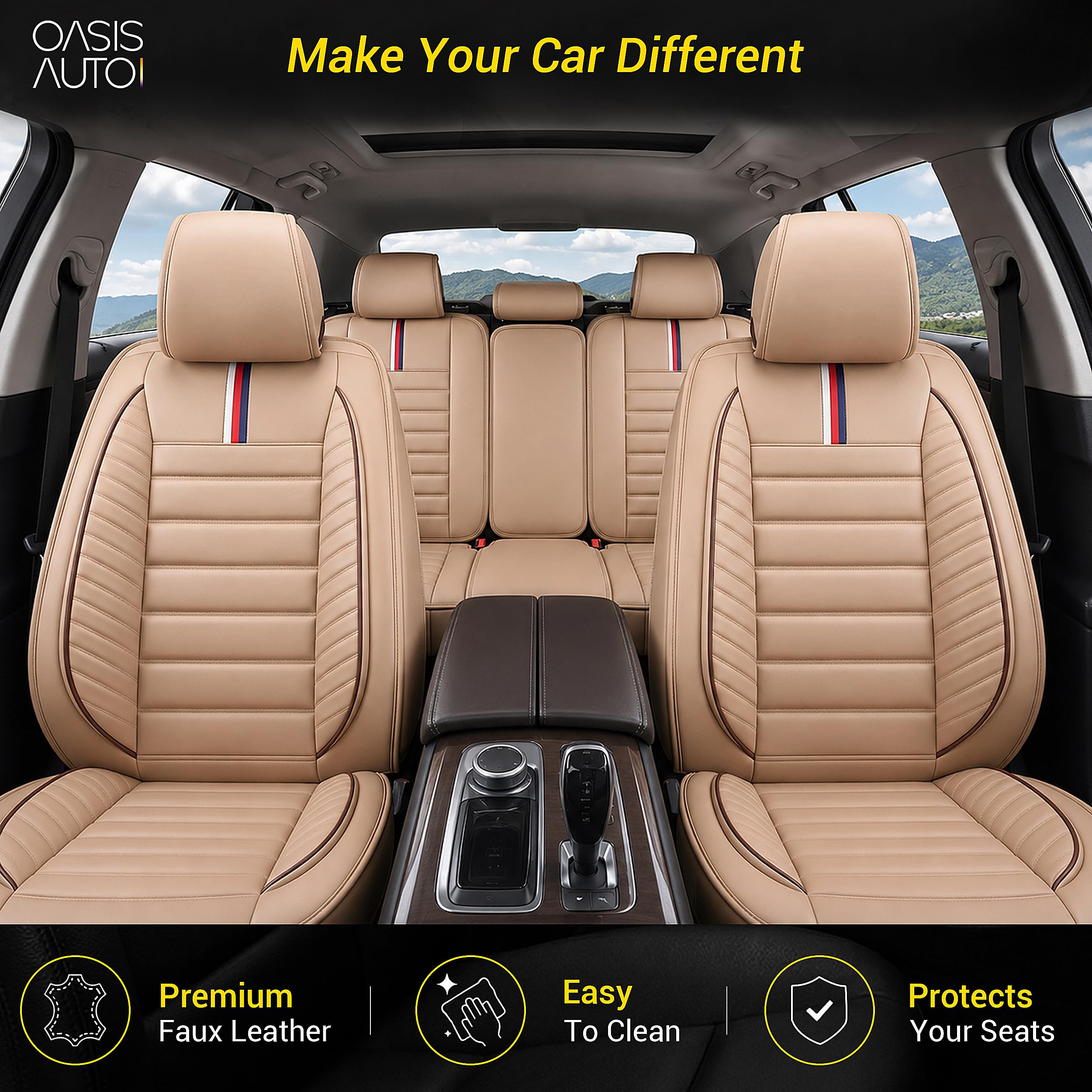 OASIS AUTO Car Seat Cover Full Set, Leather Car Seat Cover, Waterproof Seat Covers, Car Seat Cushion, Nappa Leather Seat Covers Car Seat Protector Universal Fit Most Cars (OS-001 Tan) — Amazon image 2