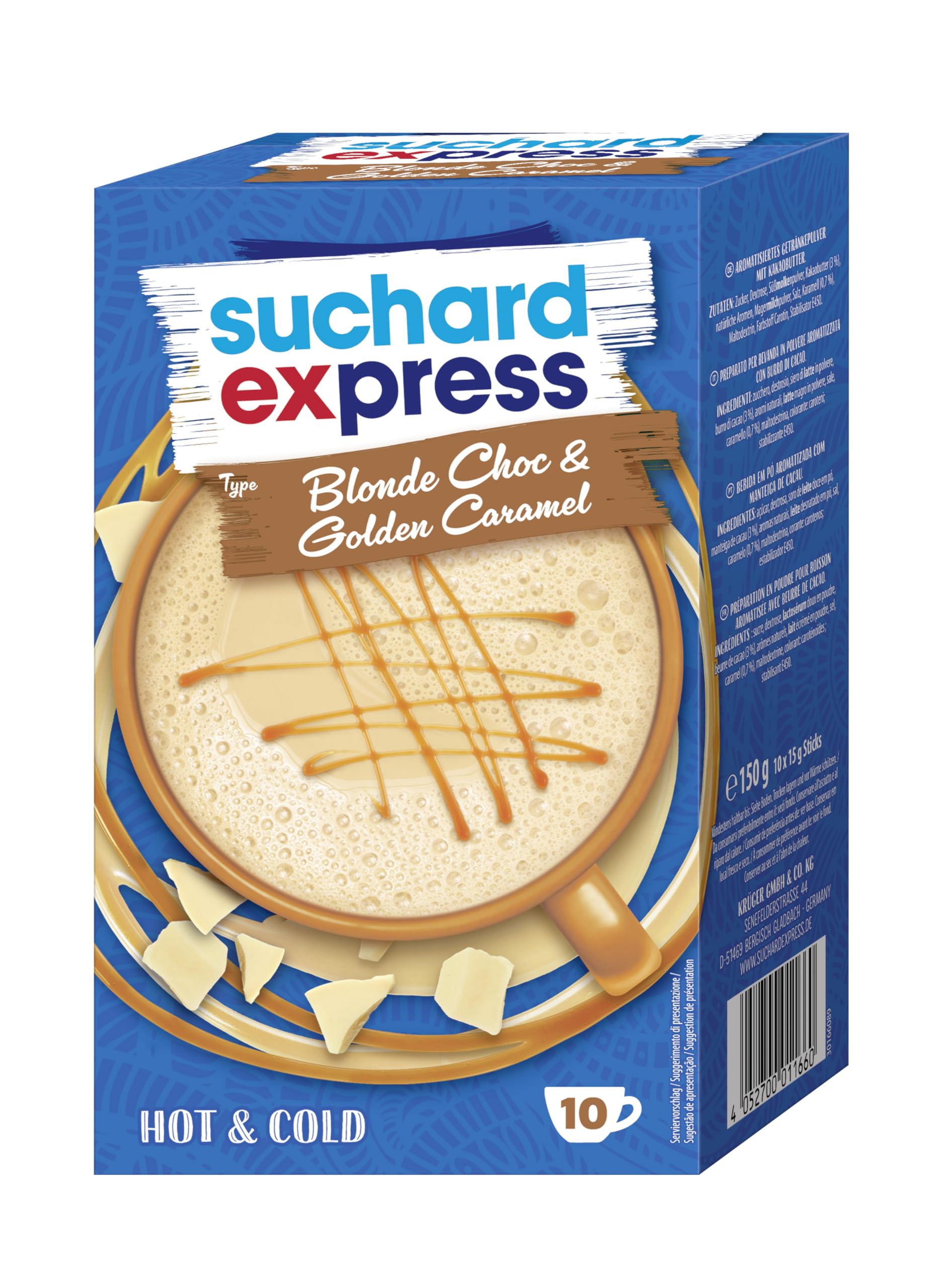 Suchard Express Blonde Choc & Golden Caramel, Trinkschokolade, 10x 15g Sticks, einzelne Tassen-Portionen, Heiß & Kalt genießen