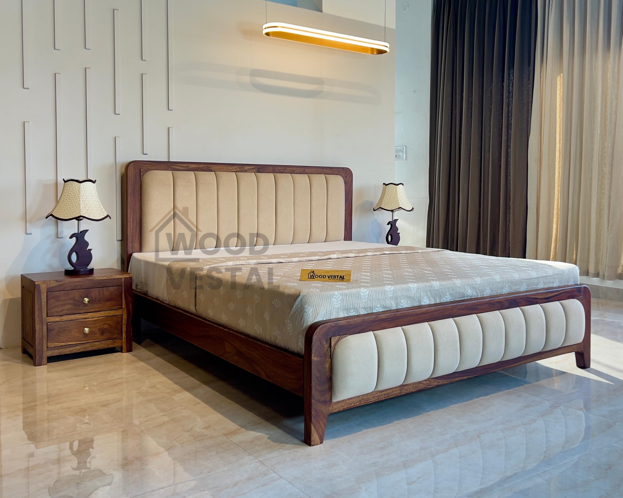 Wood Vestal Sheesham Wood Bed with Upholstered Head Board & Foot Board, Solid Wood in Natural Finish, Modern Design | King Size - (78"x72") | Without Mattress & Side Tables-image-36