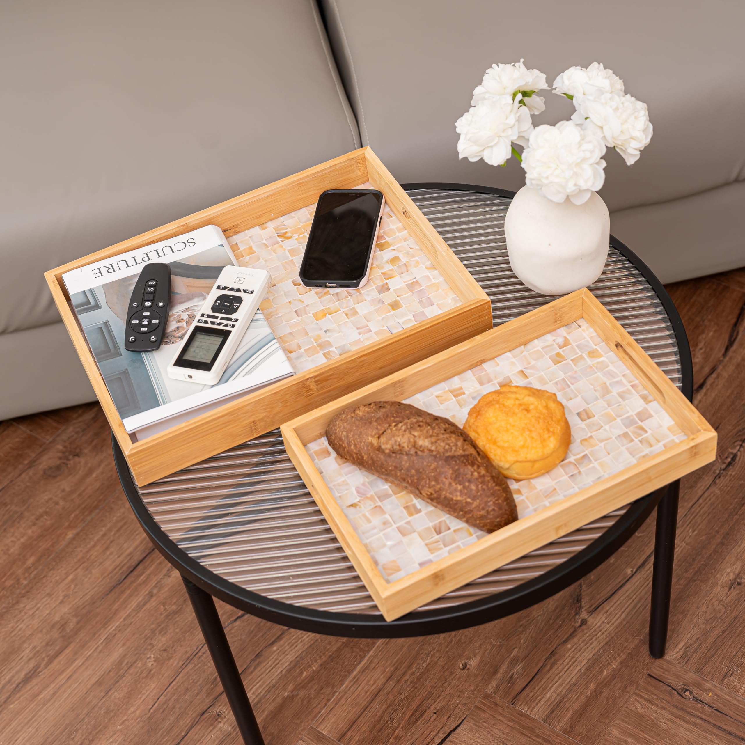 PEMAR Set 2 Mother of Pearl & Bamboo Rectangular Serving Trays Nesting Mosaic Coffee Table Tray w Insert Handles, Luxury Decorative Platters for Party, Dinner, Breakfast in Bed (Pearly White)