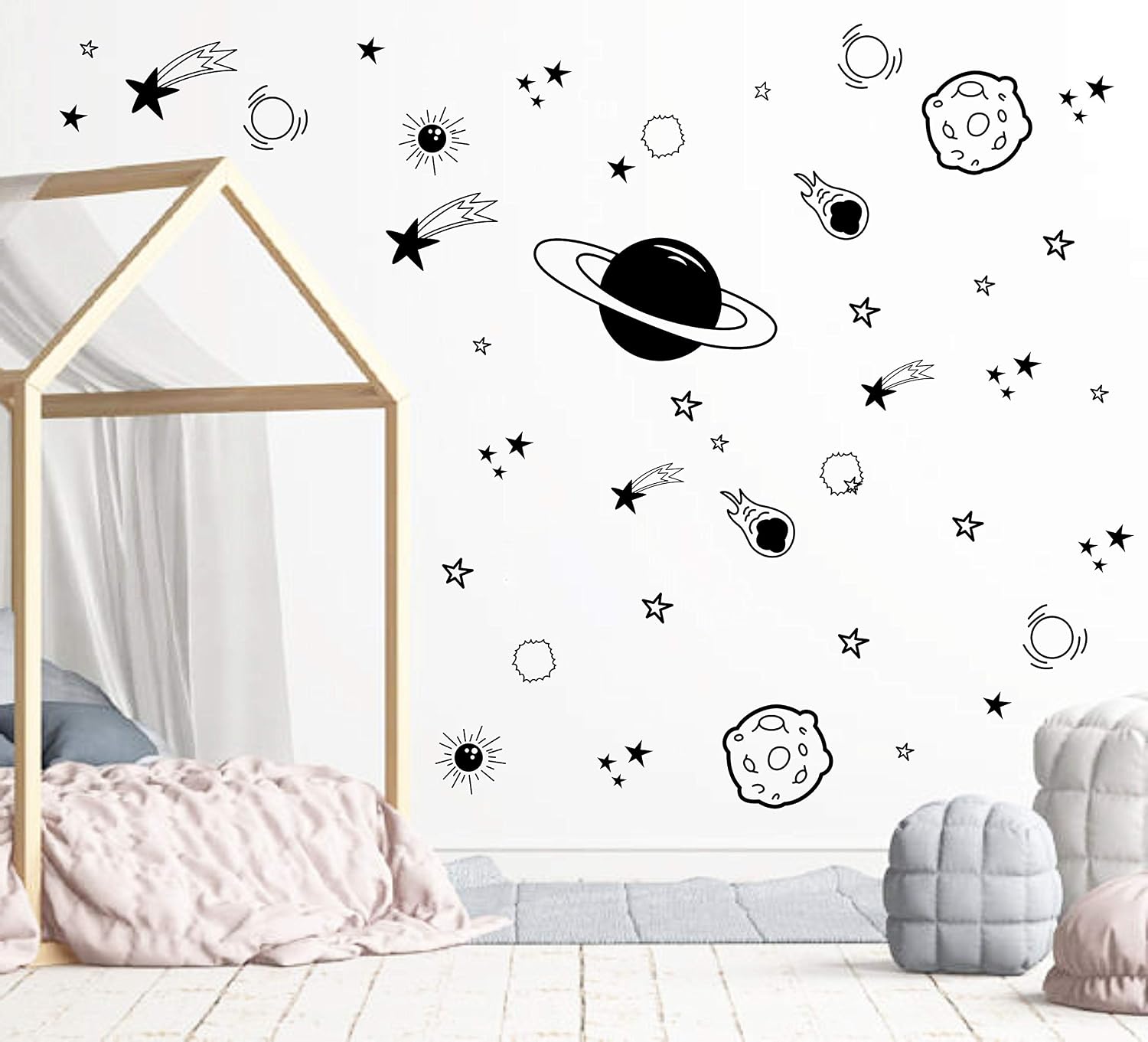 Planet Wall Decal, Boys Room Decor, Outer Space Wall Decals, Star Wall Stickers, Vinyl Wall Decals for Children Baby Kids Boys Bedroom, Nursery Decor Y04 (Black)