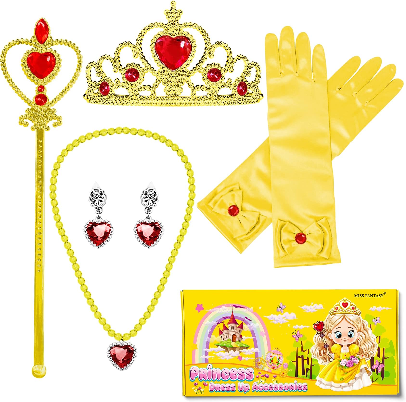Princess Dress Up Accessories,Cosplay Accessories for Kids Girls, Princess Dressed up Crown,Wand,Gloves,Necklace,Earrings,Bracelet Gift Sets for Little Girls Halloween Party Cosplay Set Yellow