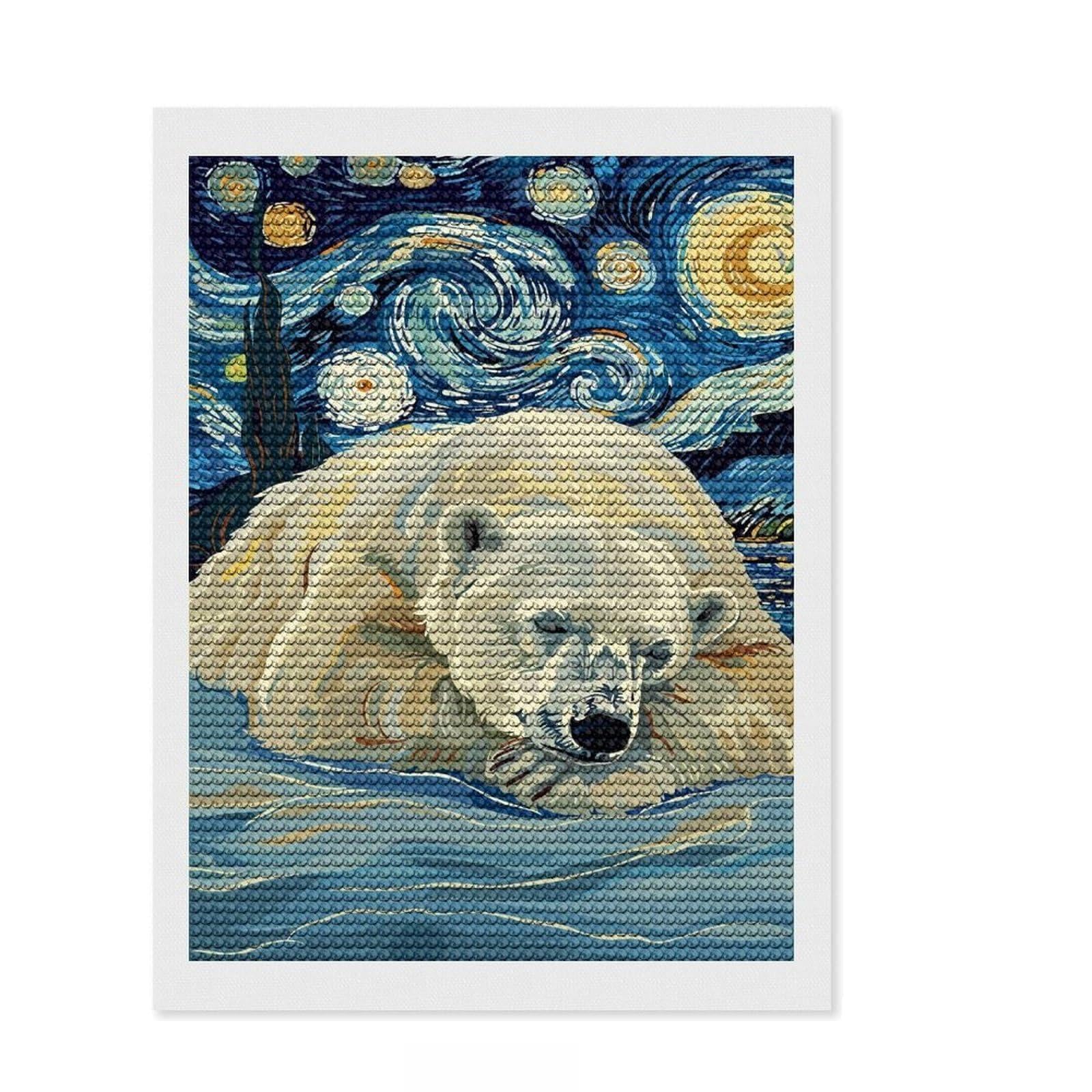 Junmoney Polar Bear Starry Night Art Diamond Painting Set 12"x16", Relaxing DIY Hobby, Simple to Start, Aesthetic Room Decor, Gift Idea, Easy to Enjoy