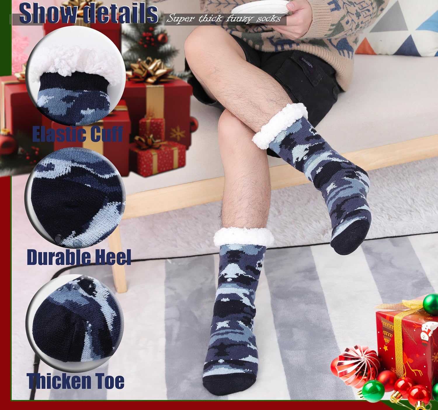 Men‘s Anti-Slip Thermal Slipper Socks – Fuzzy Sherpa Lined House Socks with Grippers for Hardwood Floors – Warm & Comfy Indoor Winter Socks for Men – Cozy Gift for Dad Husband Grandpa Size US 6-10