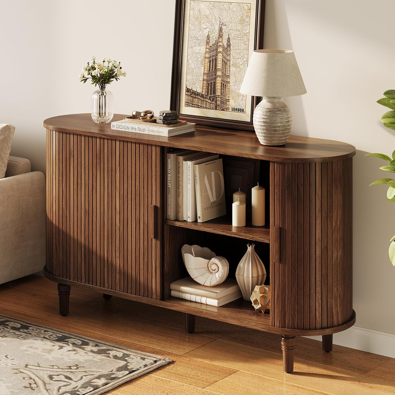 Sideboard Buffet Cabinet with Storage - Accent Kitchen Credenza Console Table with Sliding Door & Adjustable Shelf, Fluted Coffee Bar Sideboards for Living Room, Dining Room, Entryway, Walnut