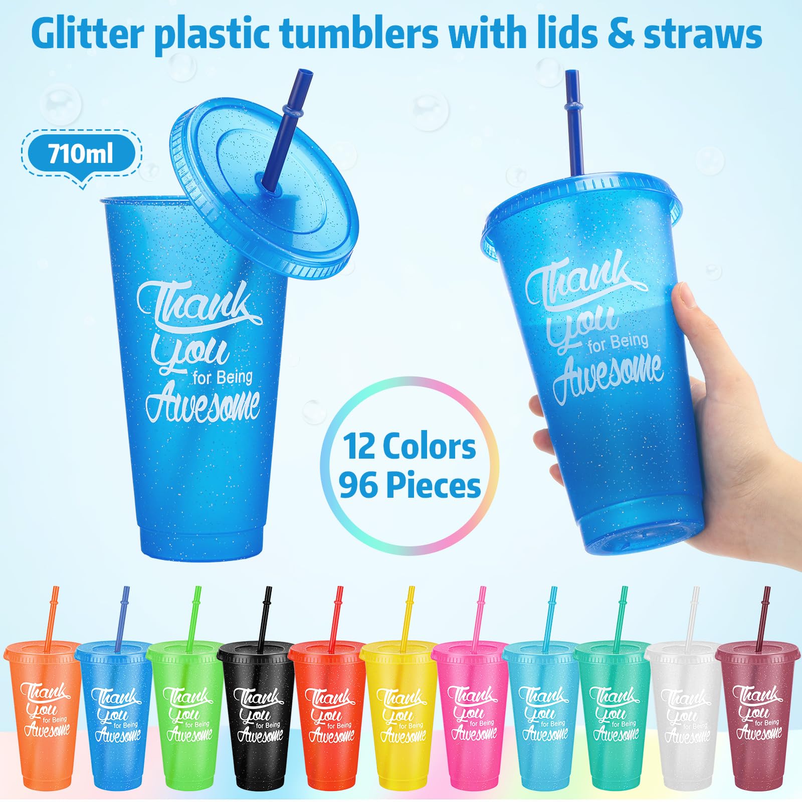Tumbler with Straw and Lid Thank You Gifts Reusable Plastic Cups 24 Oz Iced Coffee Water Bottle Bulk Cold Drink Travel Mug Cup Reusable Plastic Cups for Adults Party Birthday (Stylish Color,96 Pcs)