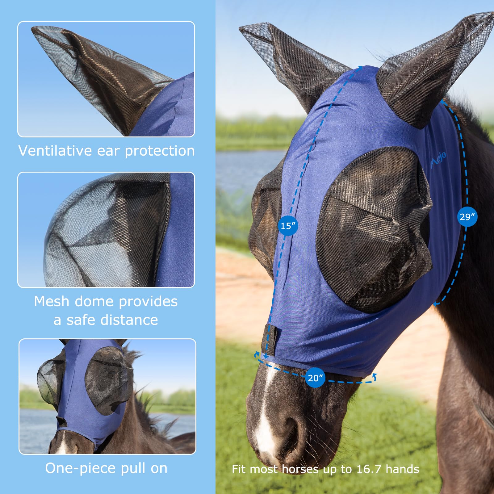 Dehnbare Pferd Fliegenmaske mit Ohren Menjo Outdoor UV-Schutz Fliegenmaske für Pferde, Hoch Atmungsaktiv Bequem Fliegenmaske Pferd Navy Voll