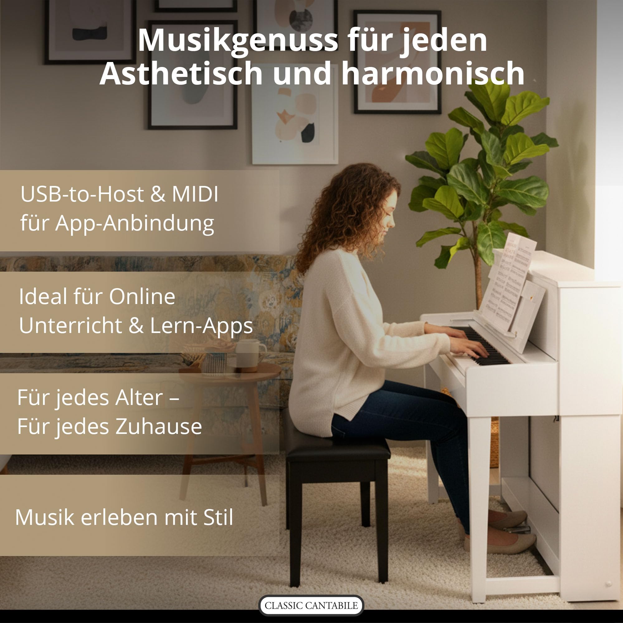 Classic Cantabile UP-1 WM Piano Droit Numérique - 88 Touches pondérées avec clavier à marteaux - Synthetiseur avec USB, MIDI, 40 voix, 256 polyphonie, fonction d'enregistrement - Blanc Mat
