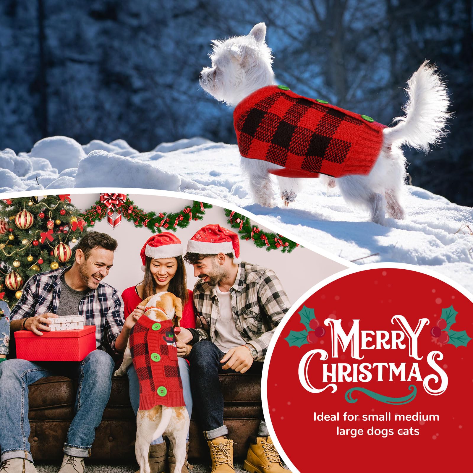 HRTTSY Dog Christmas Jumper Outfits V-Neck Red Plaid Snowman Puppy Dogs Sweater Clothes for Small Medium Large Dog Cat Warm Winter Knitwear Pet Pullover Vest,XX-Small (Decorative Buttons. Can't Untie) - Image 2
