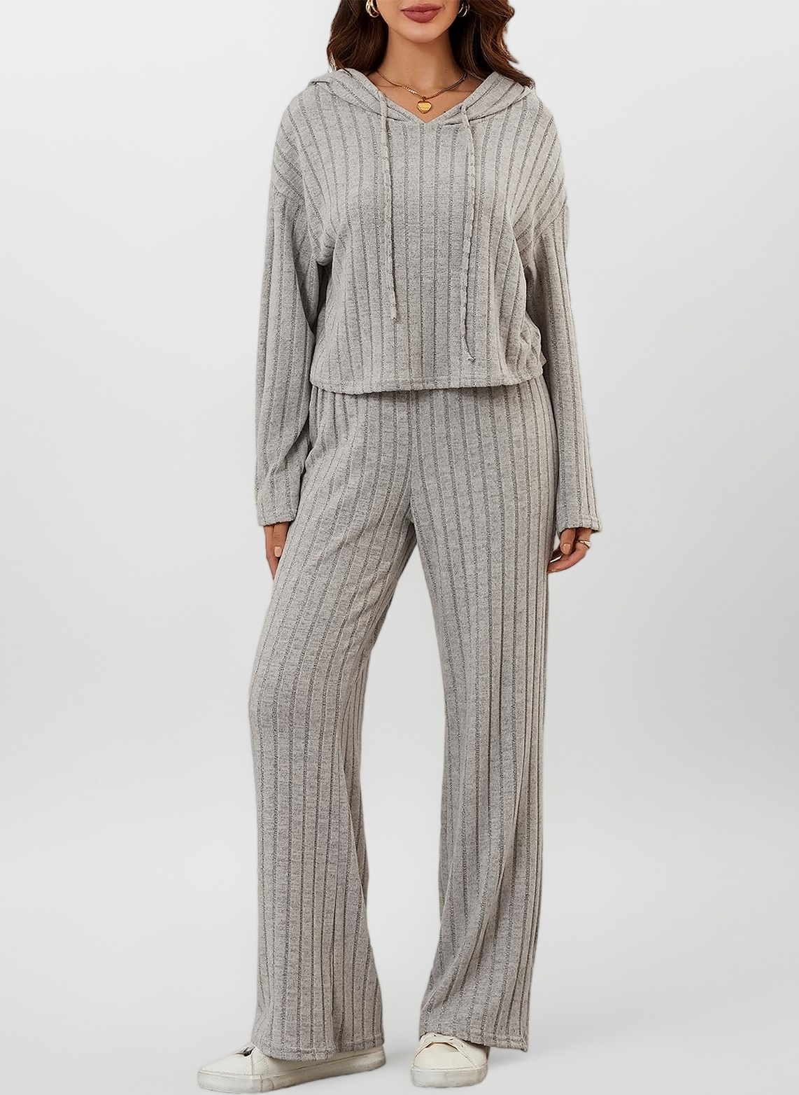 Women 2 Piece Loungewear Ribbed Knitted Hoodie and Wide Legs Pants Set Fall Spring Nightwear Pjs Womens Tracksuit Solid Color Co Ord Sets