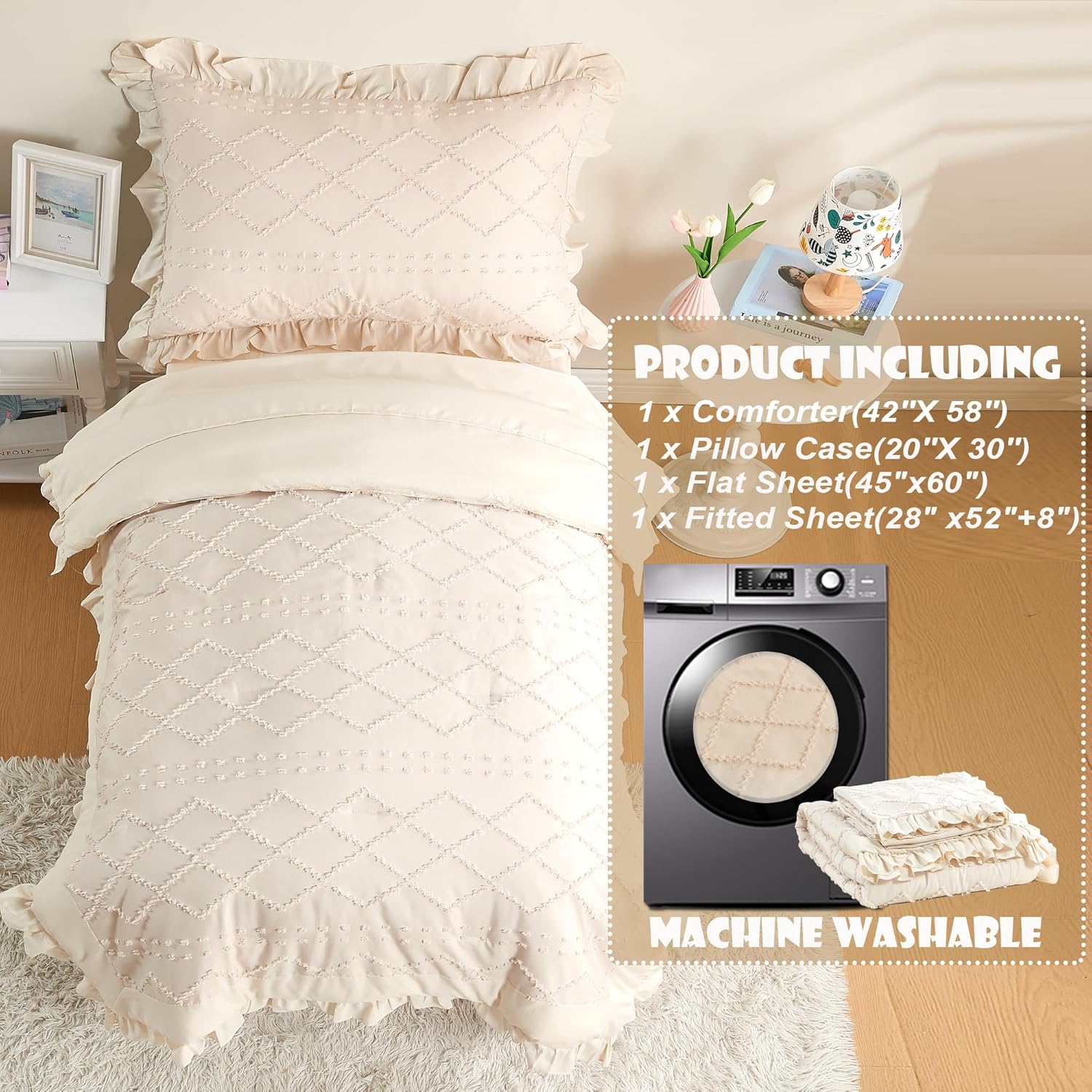 Toddler Bedding Set for Girls 4-Piece Beige Boho Tufted Toddler Comforter Set Jacquard Tufts Ruffle Fringe Bed-in-a-Bag Crib Toddler Bed Sheet Set with Comforter, Flat Sheet, Fitted Sheet, Pillowcase