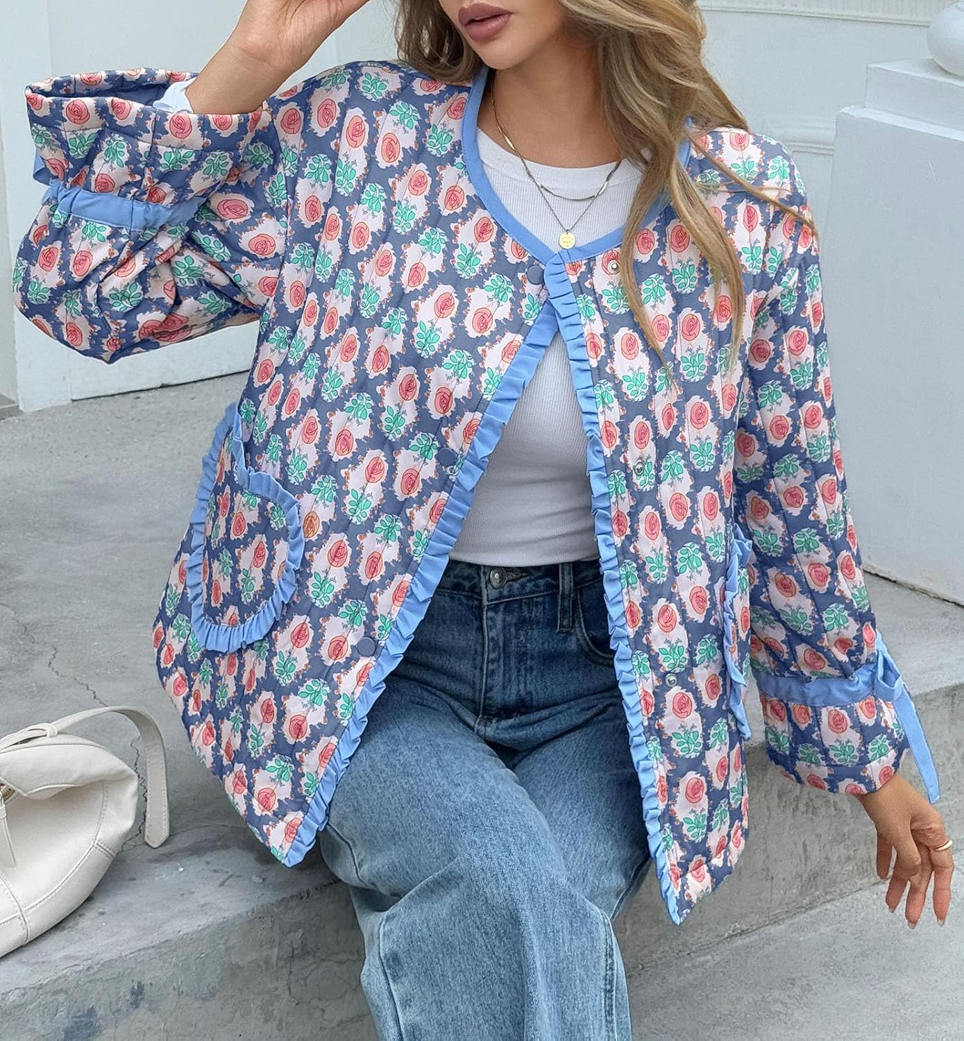 Tankaneo Womens Cropped Puffer Jacket Floral Print Open Front Quilted Jacket Bow Tie Heart Coat Lightweight Outerwear - Image 5