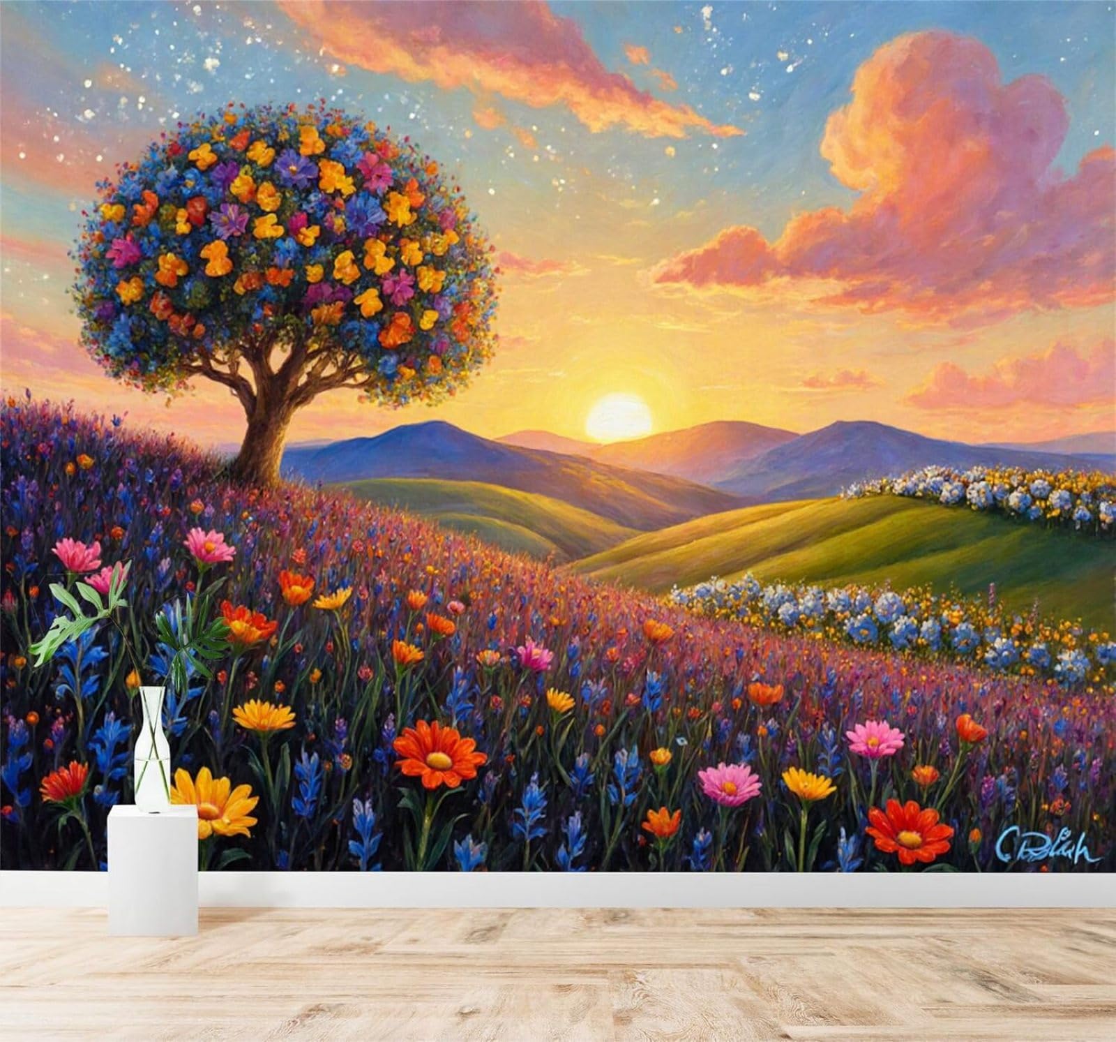 Xlming 350Cm×256Cm(B×H) Beautiful Colourful Trees Wildflowers Sunset Hills 3D Wallpaper Silky Texture Home Study Office Grey Dining Room Sofa Bedroom Living Room Tv Backdrop-350Cm×256Cm