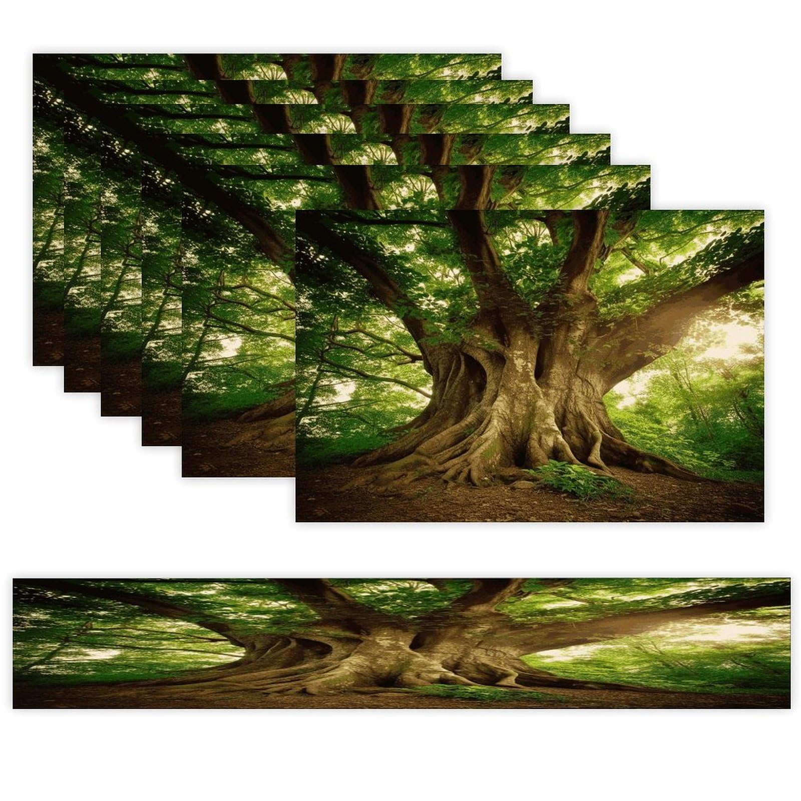 Thick Tree Table Runner and Placemats Set of 6 Wipe Clean Heat Resistant Table Mat with Table Runner Decorations Flax Linen Place Mat Set for Home Kitchen Party Supplies