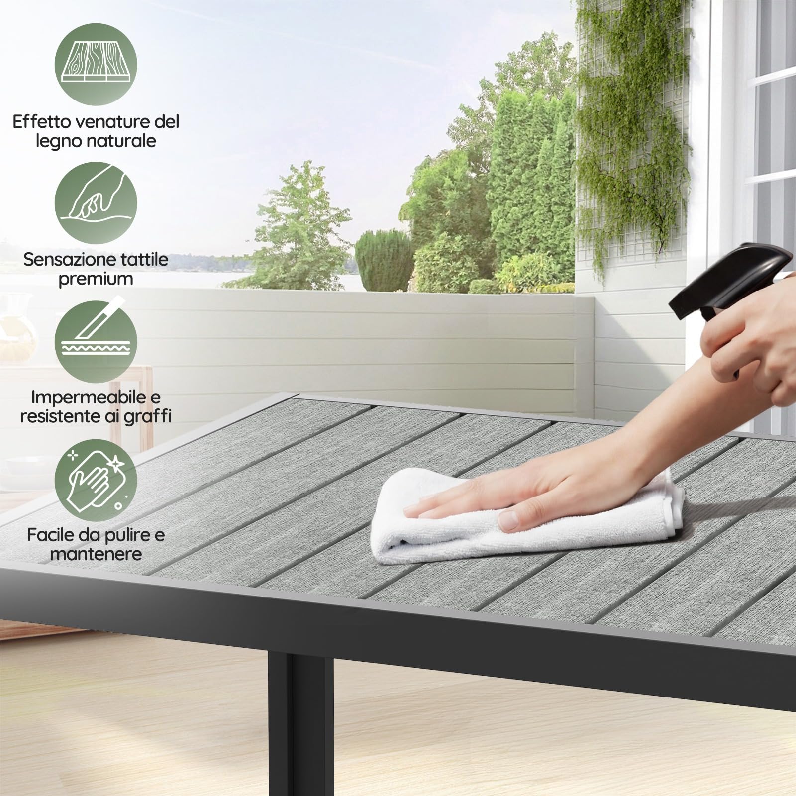 Devoko Set Arredo Giardino 4 Persone Tavolo 150 cm Design Vena Legno Sedie Impilabili Alluminio Grigio