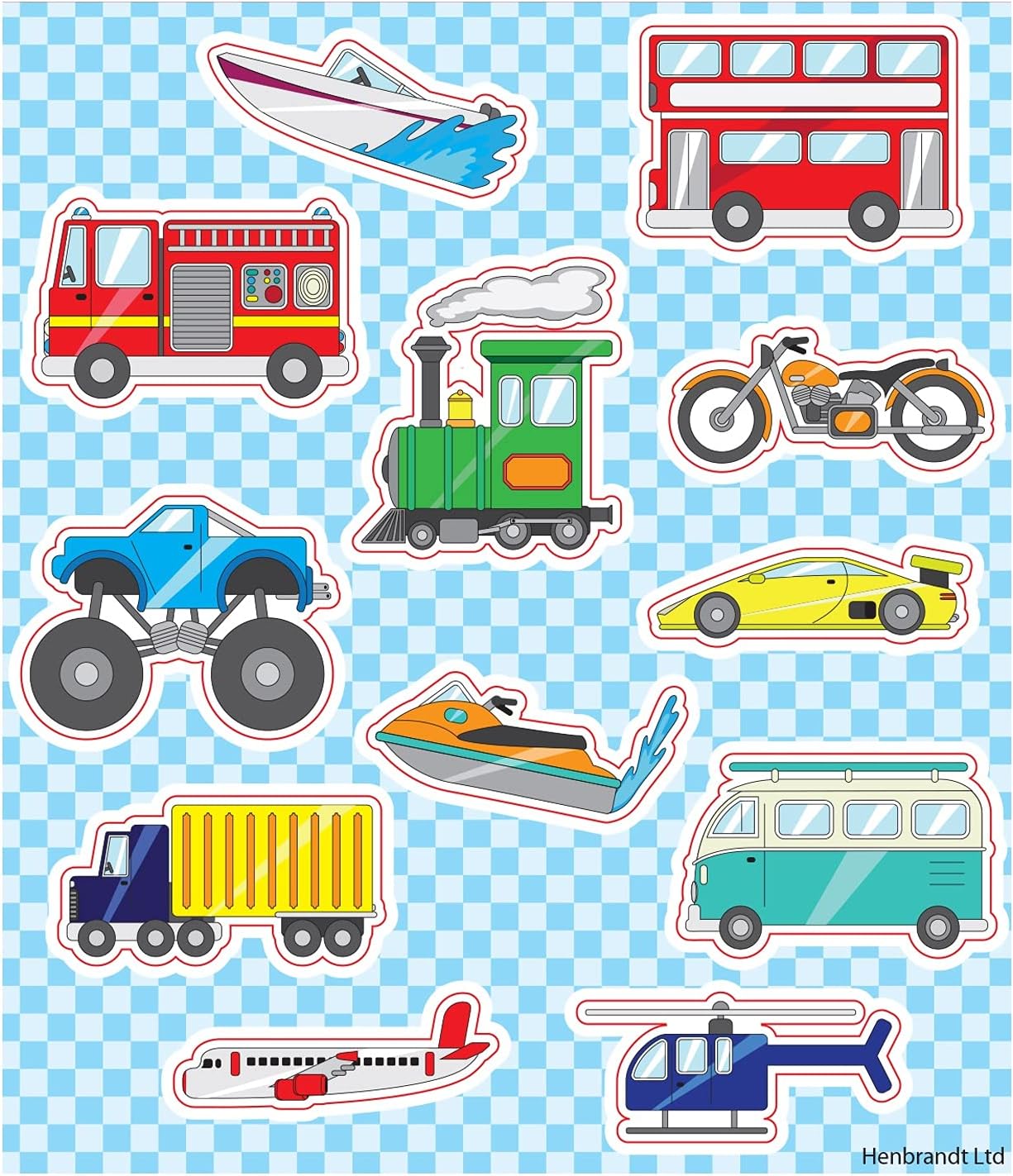 Henbrandt 12x Vehicle Stickers (1 sheet) Mini Car Stickers for Children Arts and Crafts for Kids Birthday Reward Party Bag Favours Loot Bag Fillers Lucky Dip Favours for Boys and Girls
