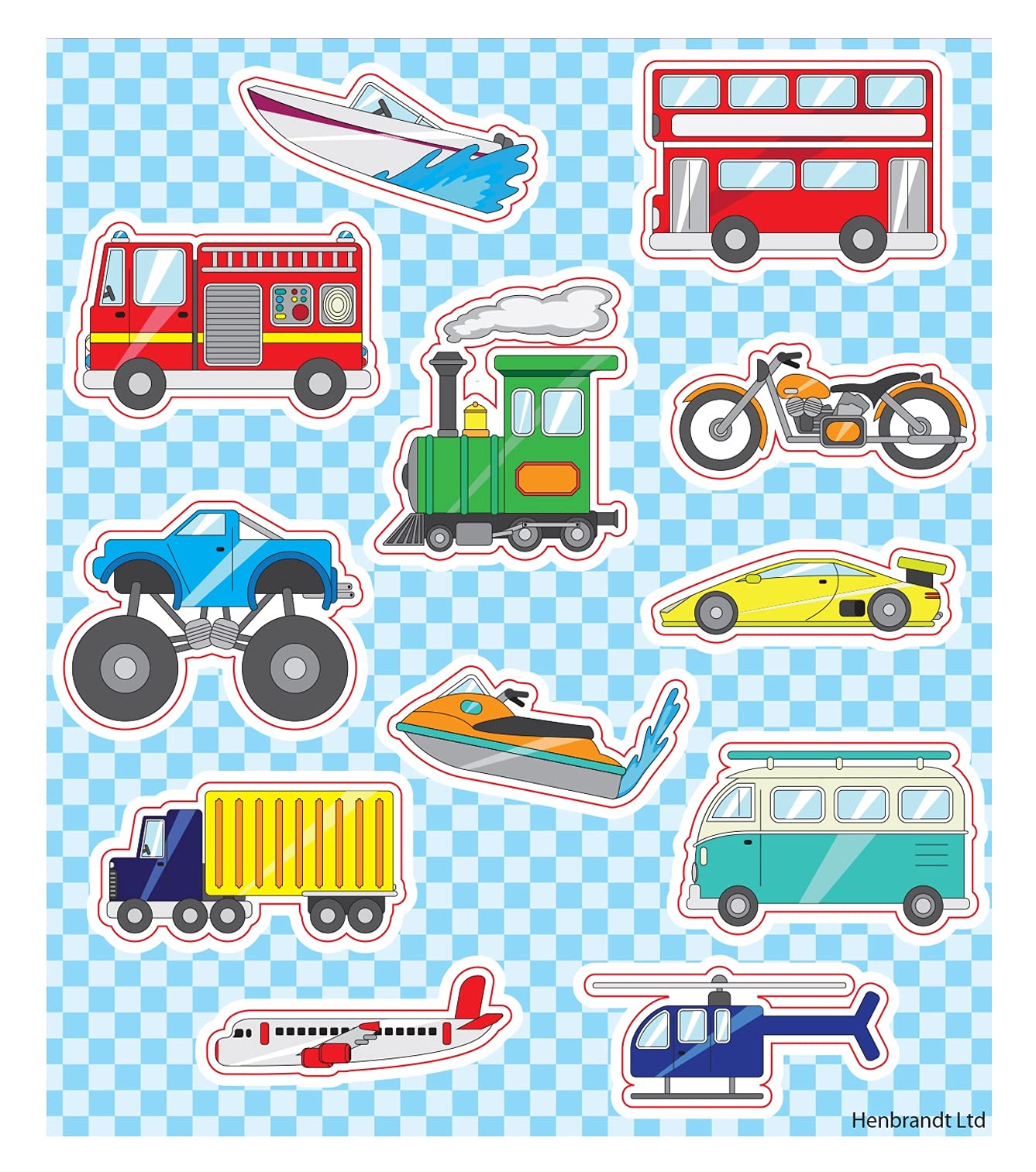 Henbrandt 12x Vehicle Stickers (1 sheet) Mini Car Stickers for Children Arts and Crafts for Kids Birthday Reward Party Bag Favours Loot Bag Fillers Lucky Dip Favours for Boys and Girls