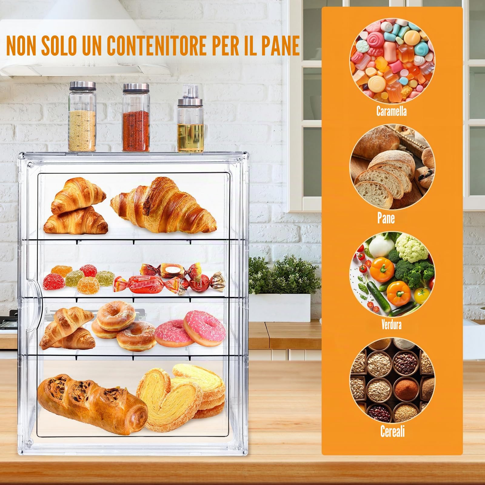 Espositore per pasticceria, contenitore per pane per piano di lavoro della cucina, vetrina per pasticceria, 4 strati, regolabile, trasparente, con porta magnetica, espositore per panetteria
