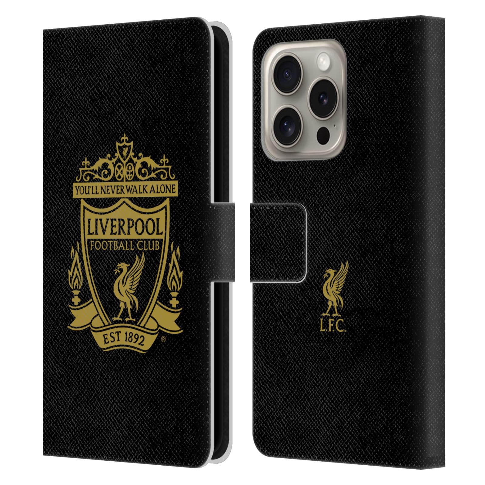 Head Case Designs Officially Licensed Liverpool Football Club Black 3 Crest 1 Leather Wallet Case Compatible With Apple iPhone 16 Pro