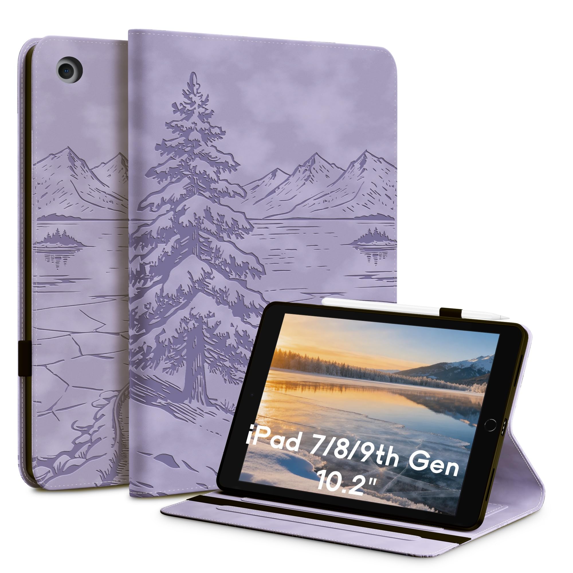 Custodia per iPad di 9a/8a/7a generazione (10,2 pollici), custodia in pelle di alta qualità per iPad con cavalletto e funzione Wake/Sleep, ritagli precisi per Touch ID, cover Frozen Lake per bambini e