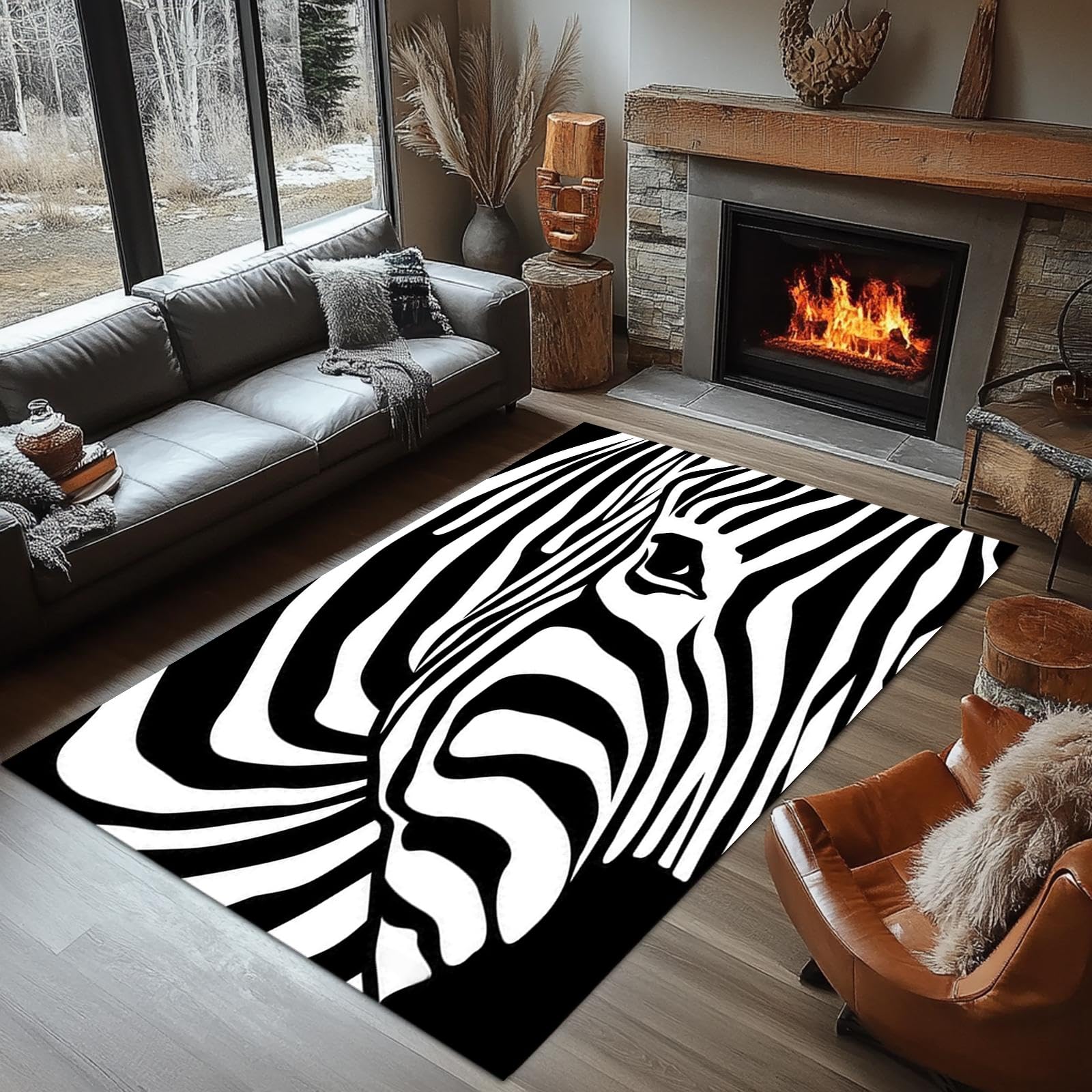 160x230 cm Animal Print Rug Black and White Animal Skin Print Texture Non Slip Area Rug Durable Washable Home Decor Carpets for Living Room, Bedroom, Machine Washable Soft Non Slip Non Shedding