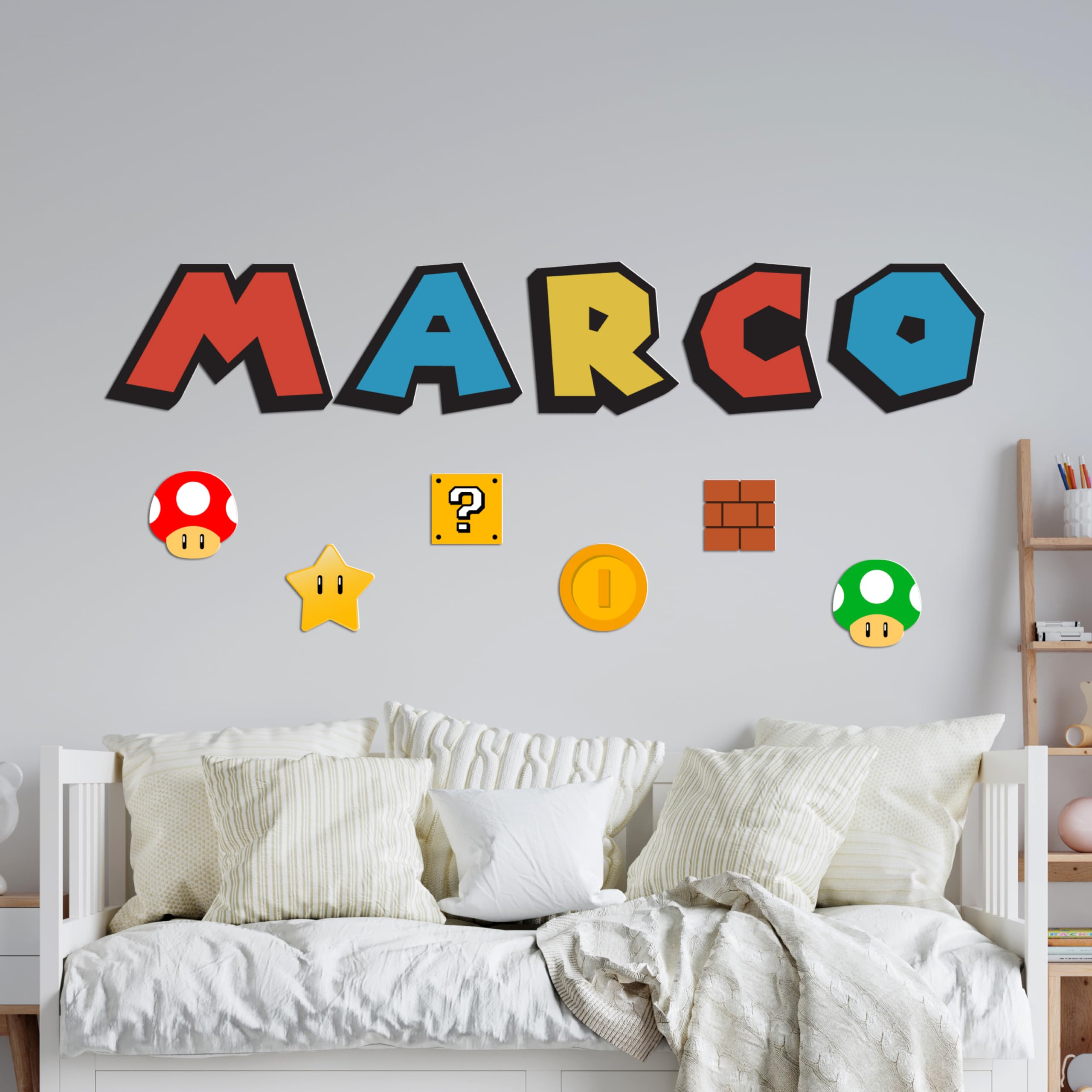3D Letters and Icons for Wall, Personalized Boys Room Decor, 4 Size Options and 16 Themes - Kids Room Decor for Girls, Boys - Playroom Decorations - Mario
