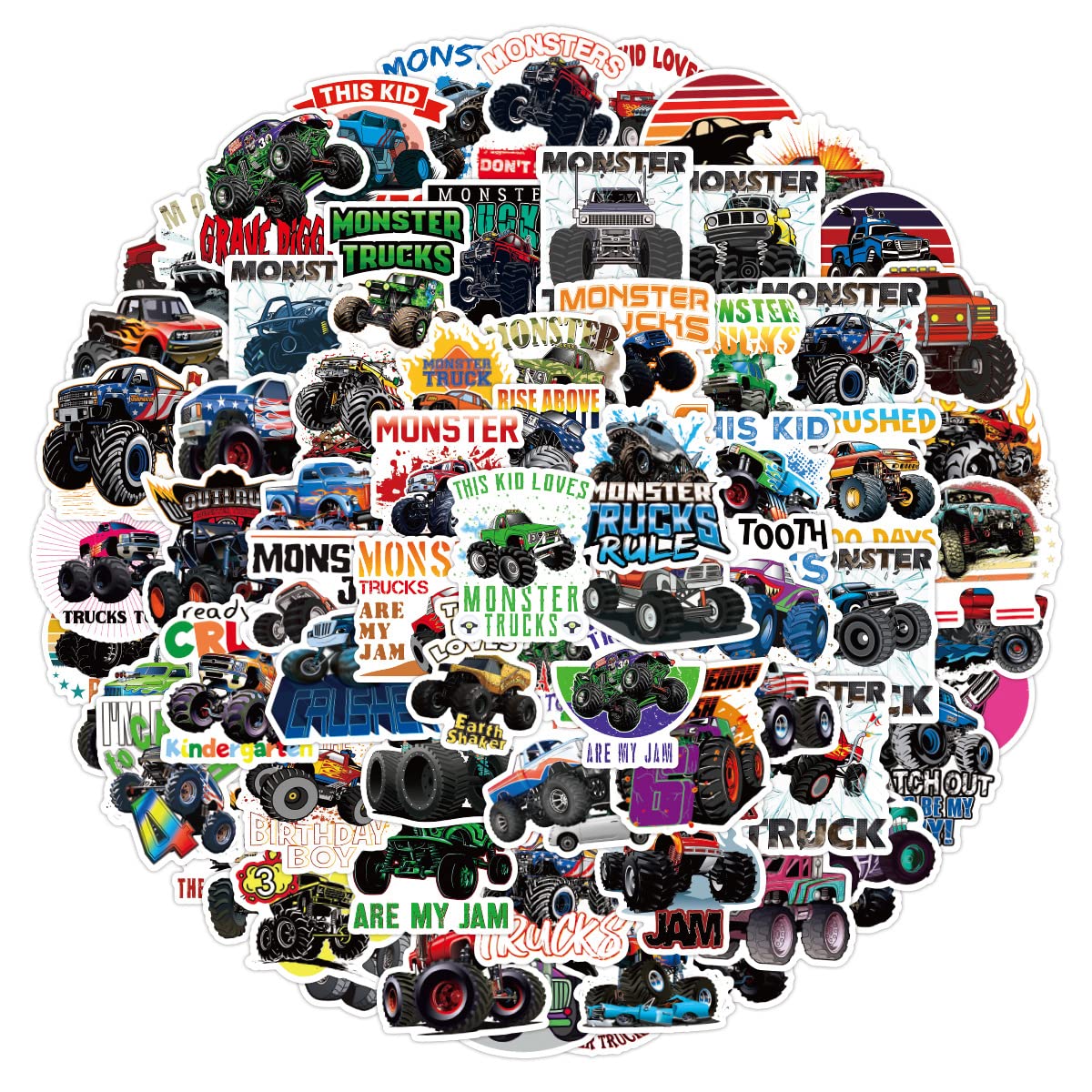 100 Pcs Monster Trucks Stickers Cute Trucks Racing Car Stickers for Laptop Water Bottle Skateboard Helmet Computer Bicycle Motorcycles Cars Waterproof Decals Graffiti Patches for Kids Teens Adults