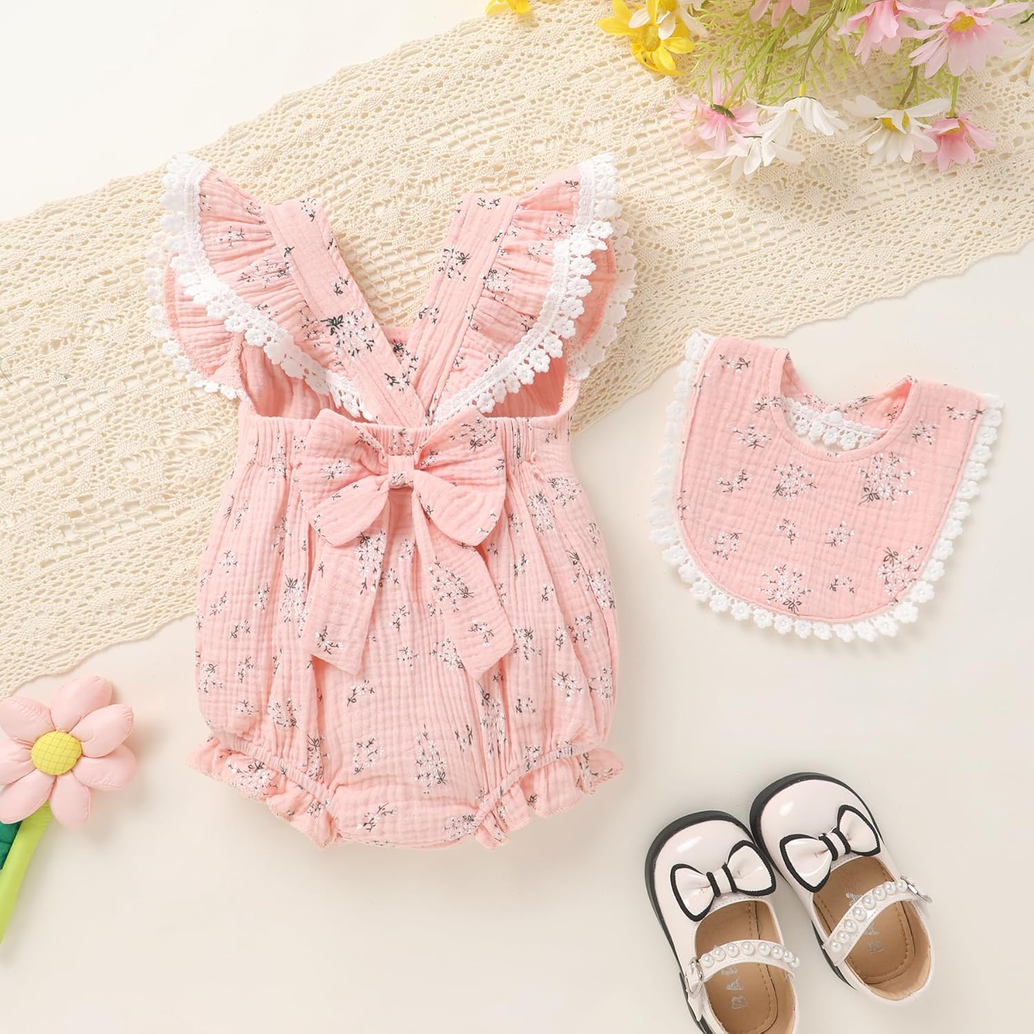 YOUNGER TREE Baby Girl Romper 100% Cotton Ruffle Sleeveless Summer Outfit with Accessory Soft Infant Clothes for Daily Wear - Image 3