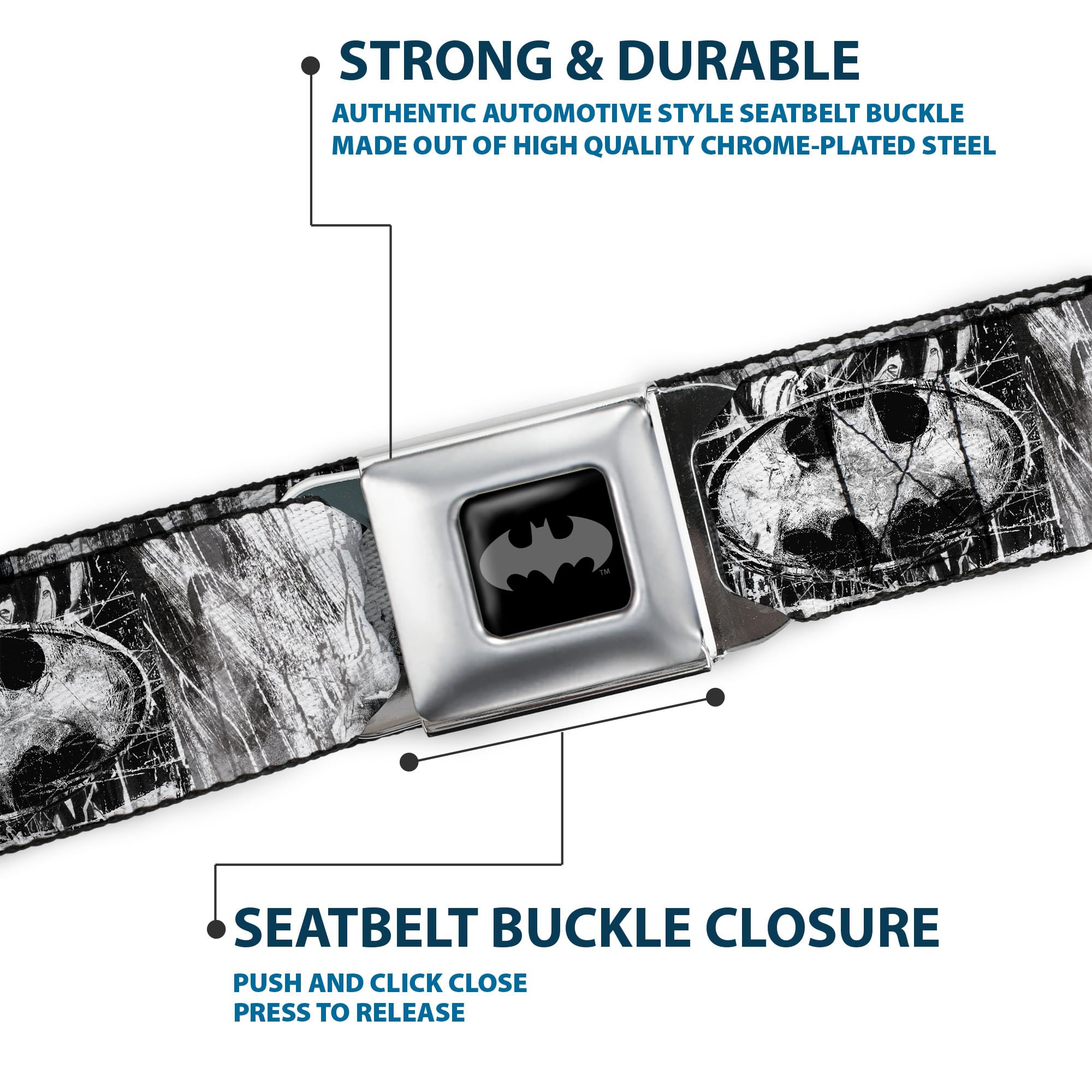 Buckle-Down Men's Seatbelt Belt Kids, Batman face/Bat Shield Sketch White/Black, 1.0'' Wide-20-36 Inches'