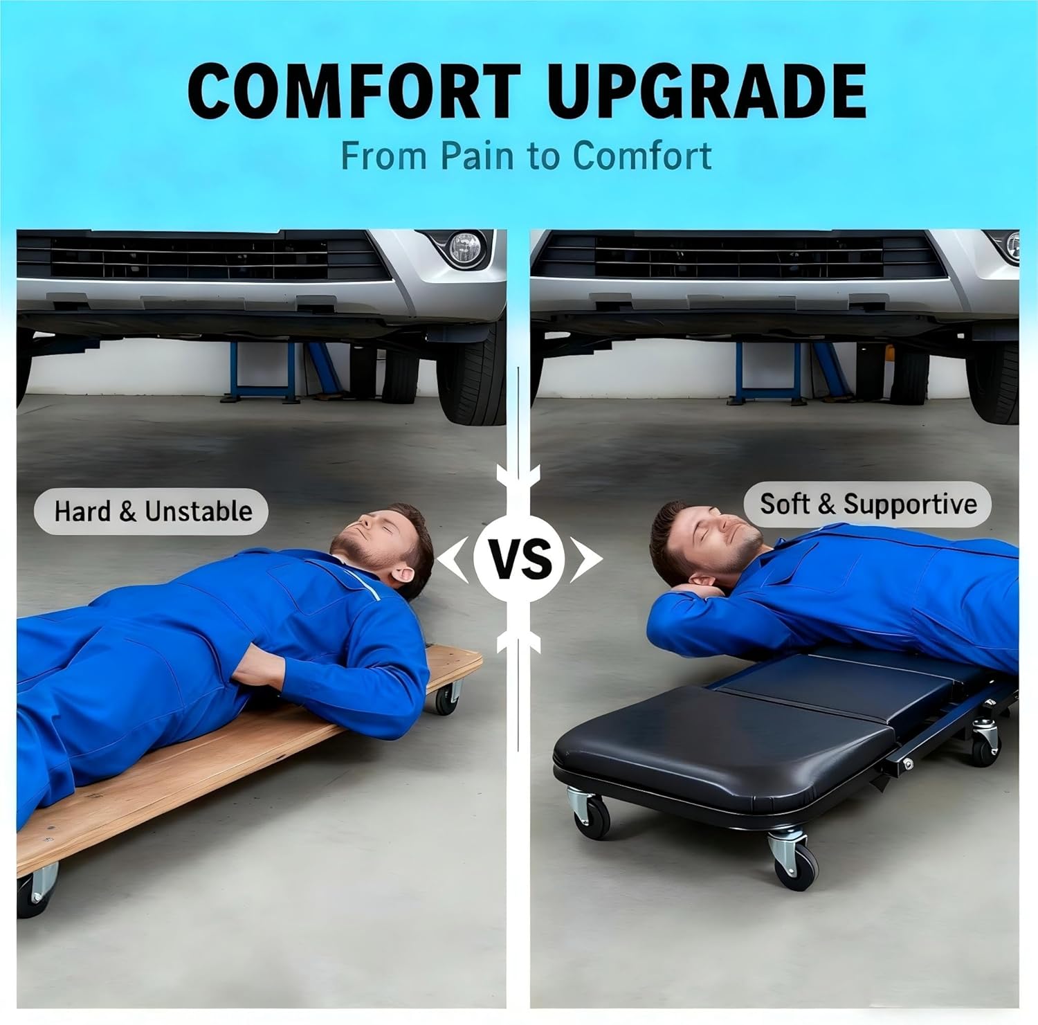 superokay 2-in-1 Folding Creeper Seat, 36-Inch Professional Mechanic Cart with 6 Casters, 300 lbs Capacity Rolling Creeper for Garage & Shop, Foldable Z Creeper Seat with Tool Tray