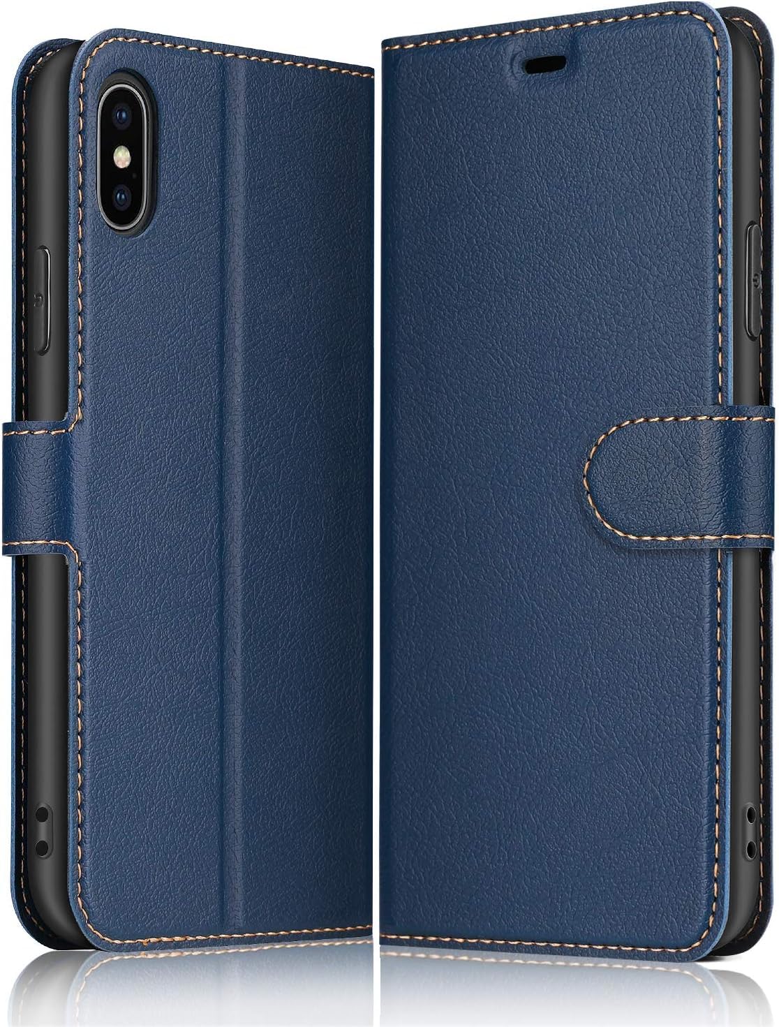ELESNOW Etui na iPhone X/XS, Premium PU Skórzany Portfel i Przegrody Karty, Składany Magnetyczny Antyuderzeniowy Skrzynia Ochrony Telefonu Komórkowego (Niebieski)
