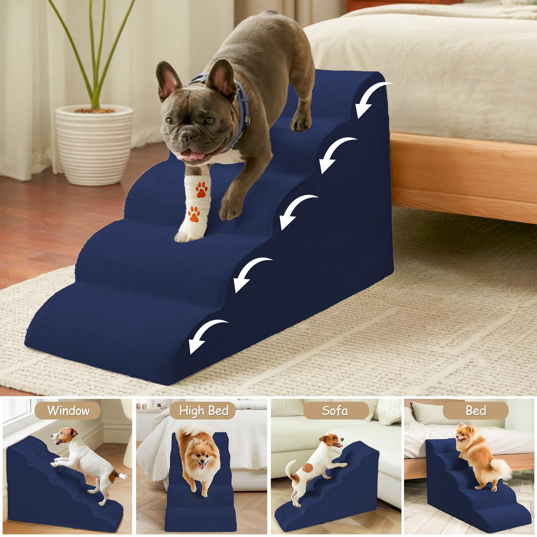 Niubya Escalier pour Chien et Chat, H62 cm, avec Housse Lavable et Mousse à Haute densité, pour lit, Salon et canapé, Échelle Large Animaux âgés et blessés (Bleumarine 5 marches)
