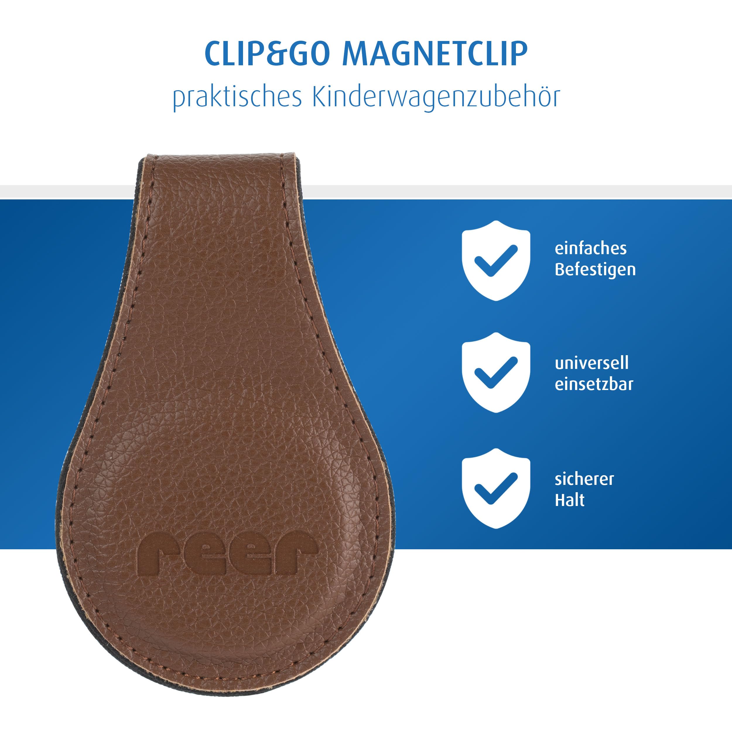 reer Clip&Go Magnetclip für Kinderwagen & Babyschalen | 2er-Set zum Befestigen von Mulltüchern & Spielzeug | starker Halt ohne Haken oder Klettverschluss | braun