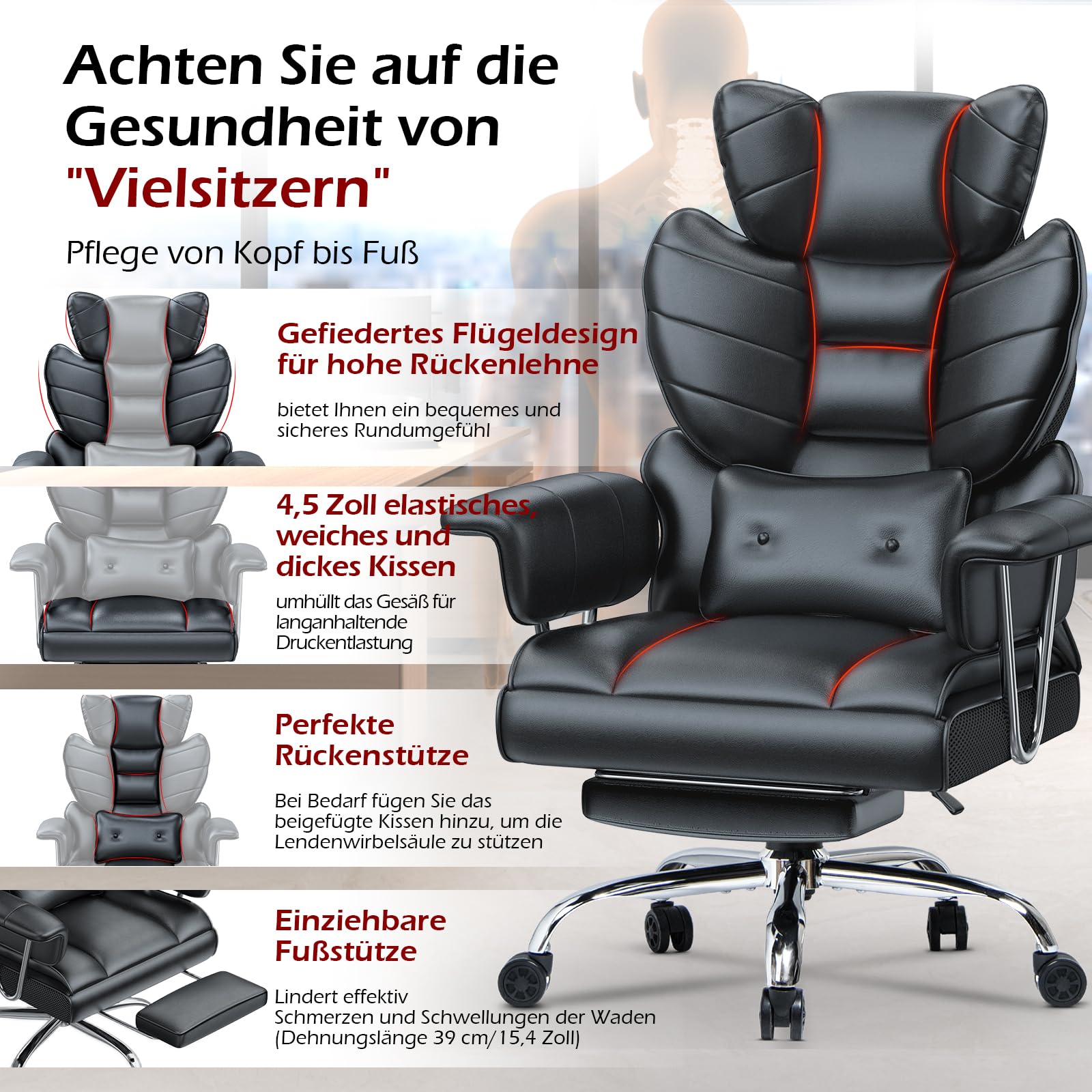 Racingreat Ergonomischer Bürostuhl mit ausziehbarer Fußstütze, Höhenverstellbarer Schreibtischstuhl, Große weiche Rückenlehne, Individuelle Lendenwirbelstütze, Chefsessel aus PU-Leder,Schwarz