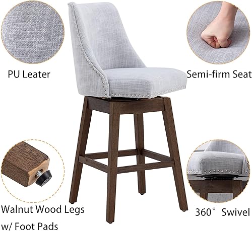 Miniatura 5 de Taburetes de bar de altura de mostrador de 27.5 pulgadas, taburetes de cocina modernos de lino con respaldo, taburetes de bar giratorios de 360,