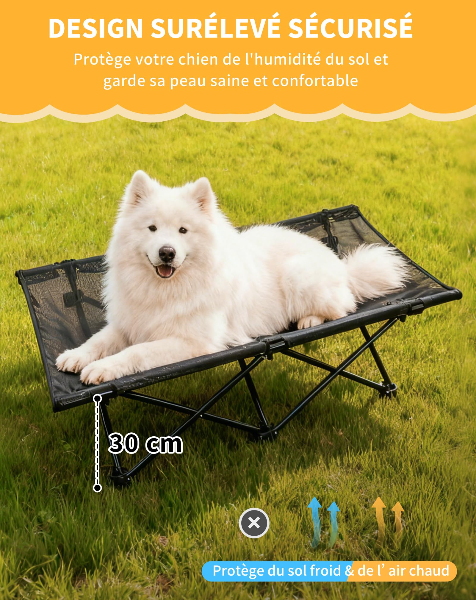KingCamp Lit Surélevé Pliable pour Grand Chien, Taille L, jusqu'à 70 kg | Lit pour Chien avec Maille Respirante,Tapis d'Hiver, Surélevé 30cm, Cadre en Acier Q195, pour Intérieur&Extérieur
