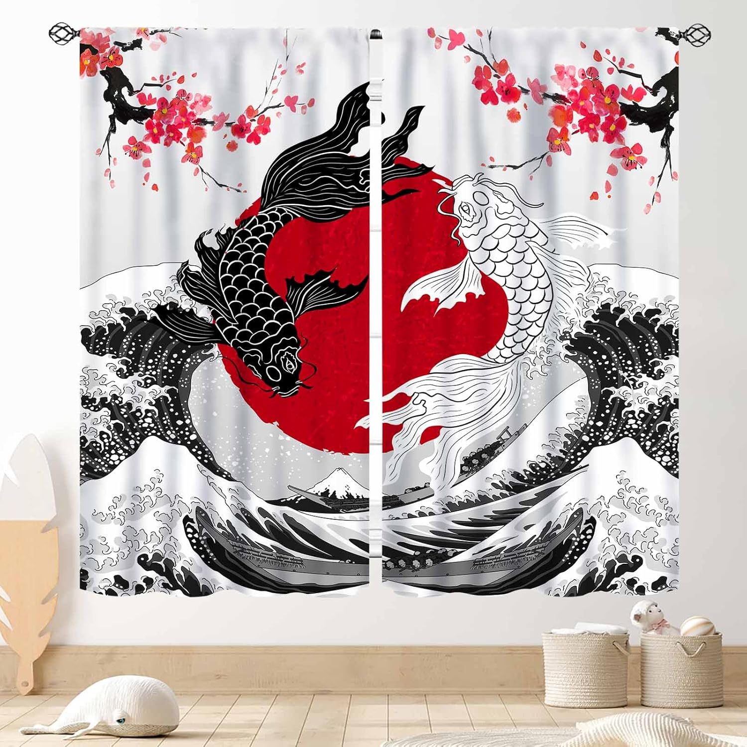 Asian Curtains for Bedroom, Traditional Ink Painting Nature Landscape Mountains Cherry Blossoms Floral Oriental Art Japanese Style Kitchen Living Room Bathroom Window Drapes Curtain Sets, 55"x63" Inch